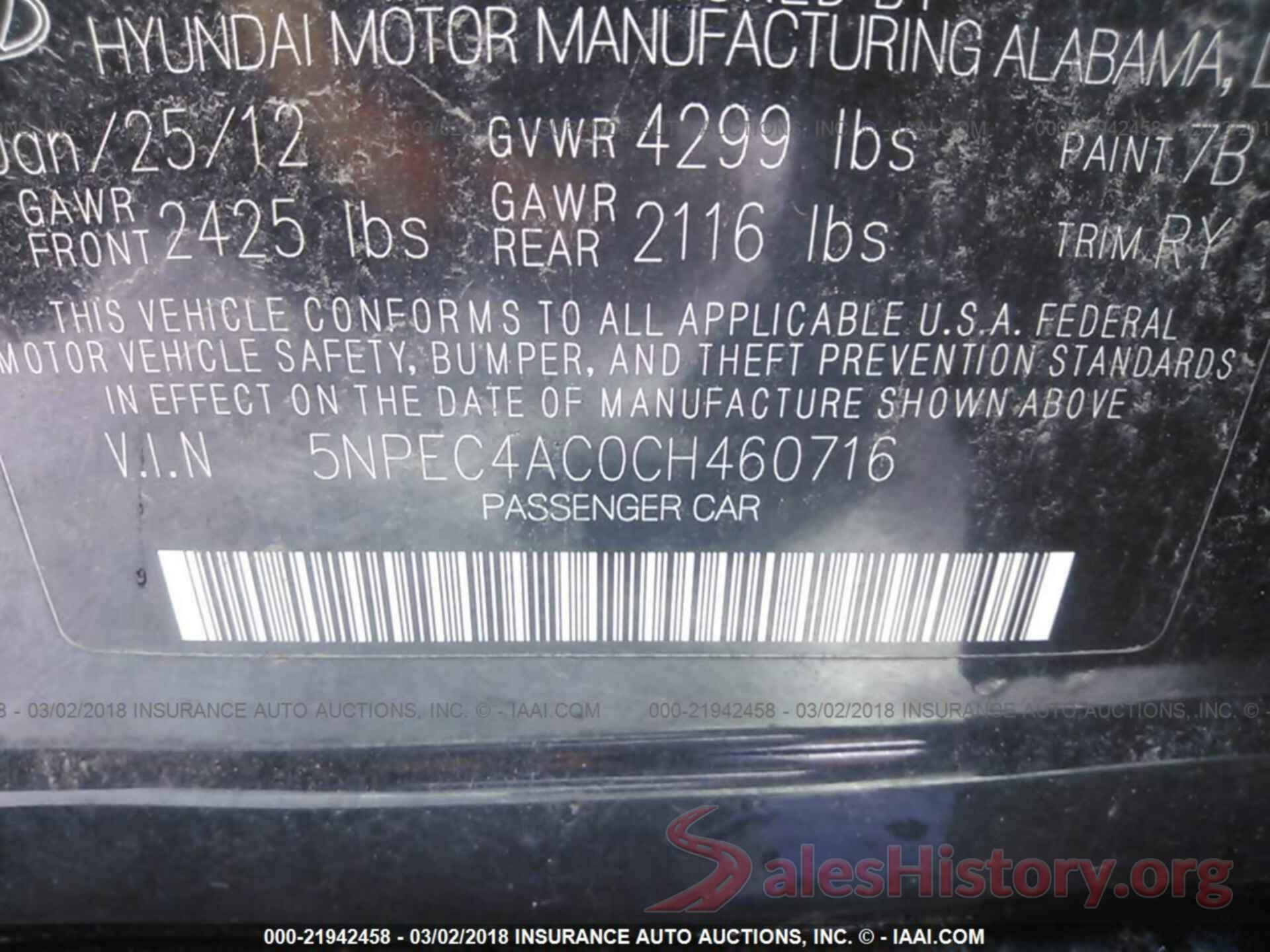 5NPEC4AC0CH460716 2012 Hyundai Sonata