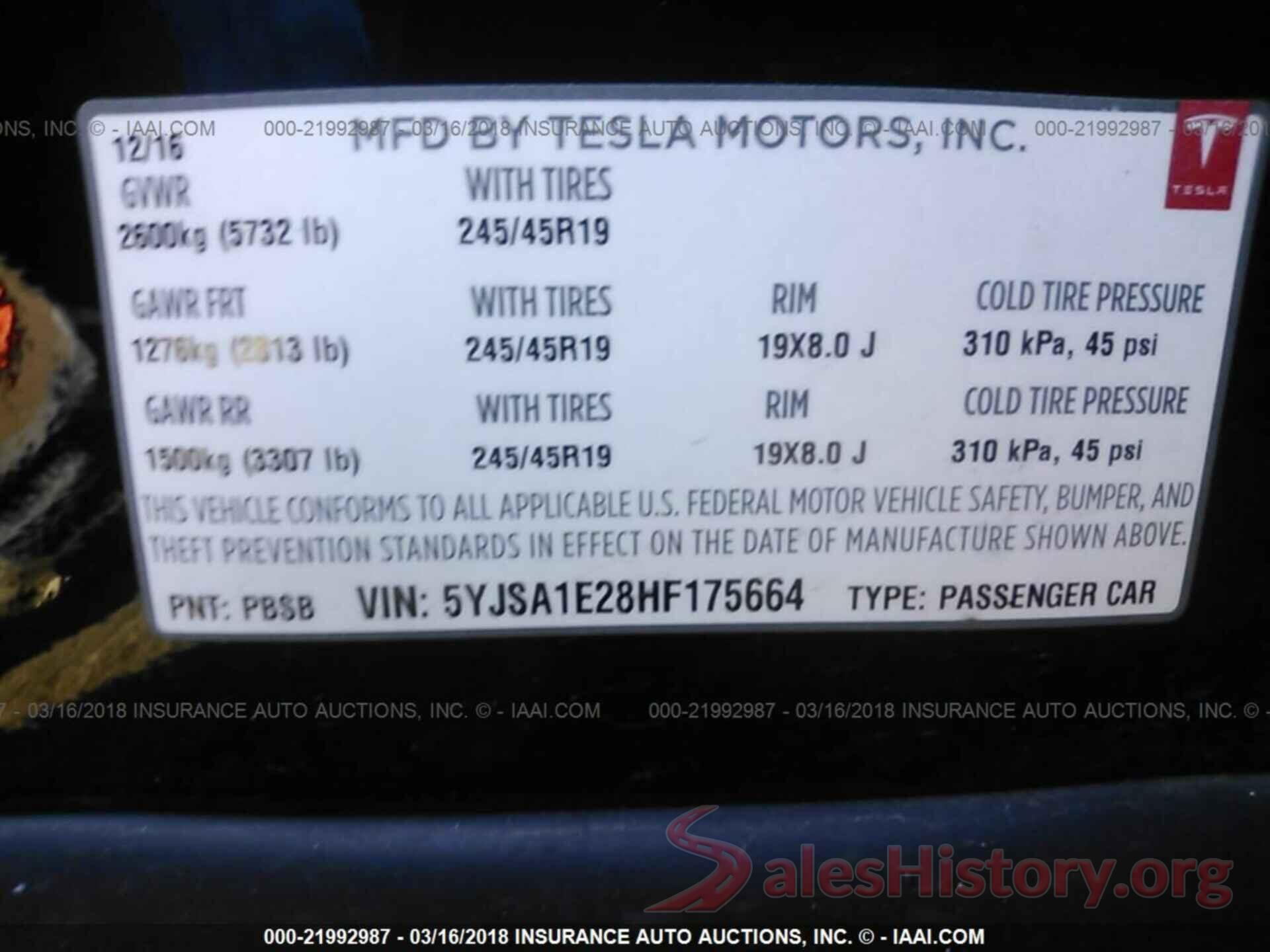 5YJSA1E28HF175664 2017 TESLA MODEL S