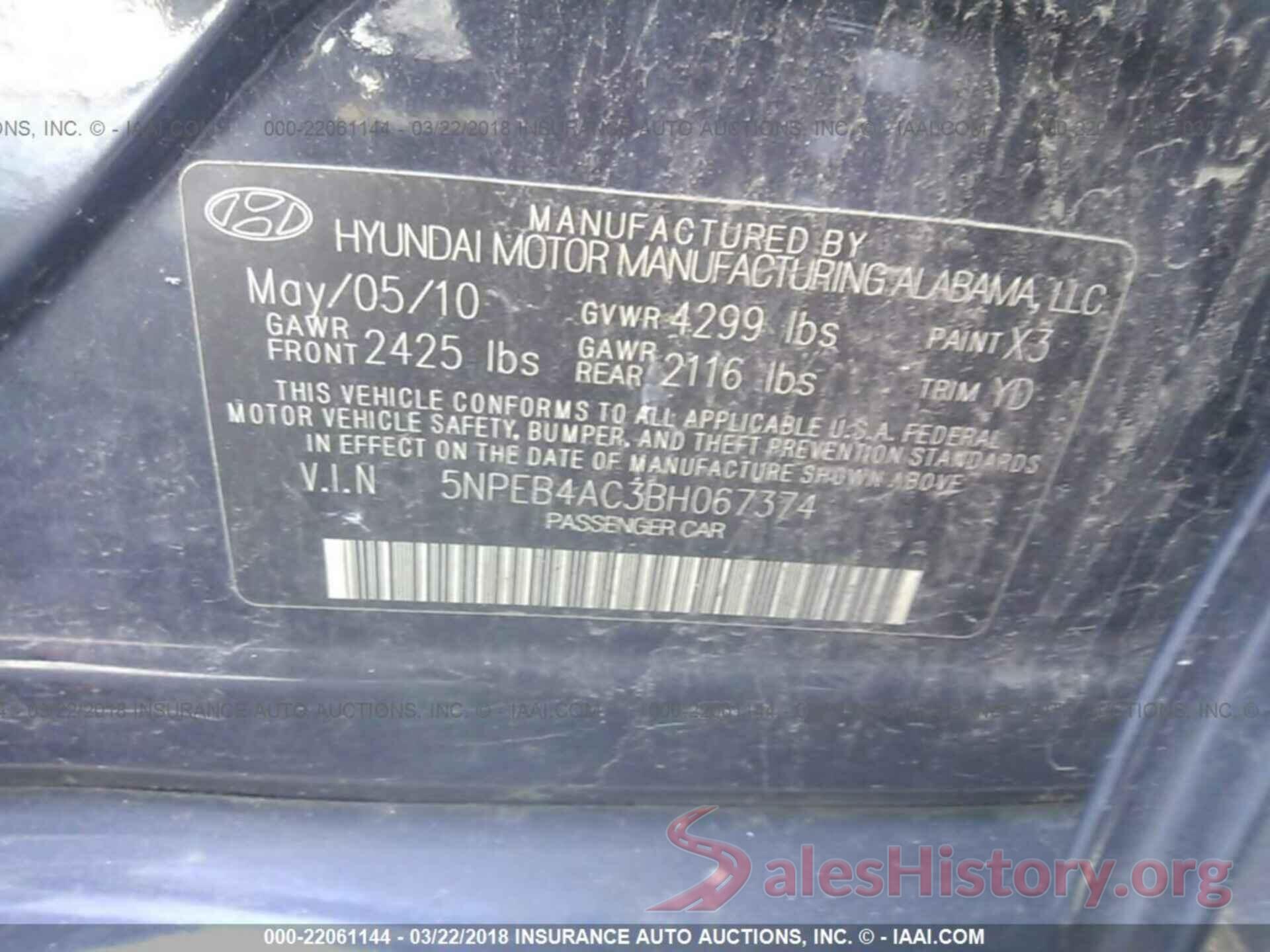 5NPEB4AC3BH067374 2011 Hyundai Sonata