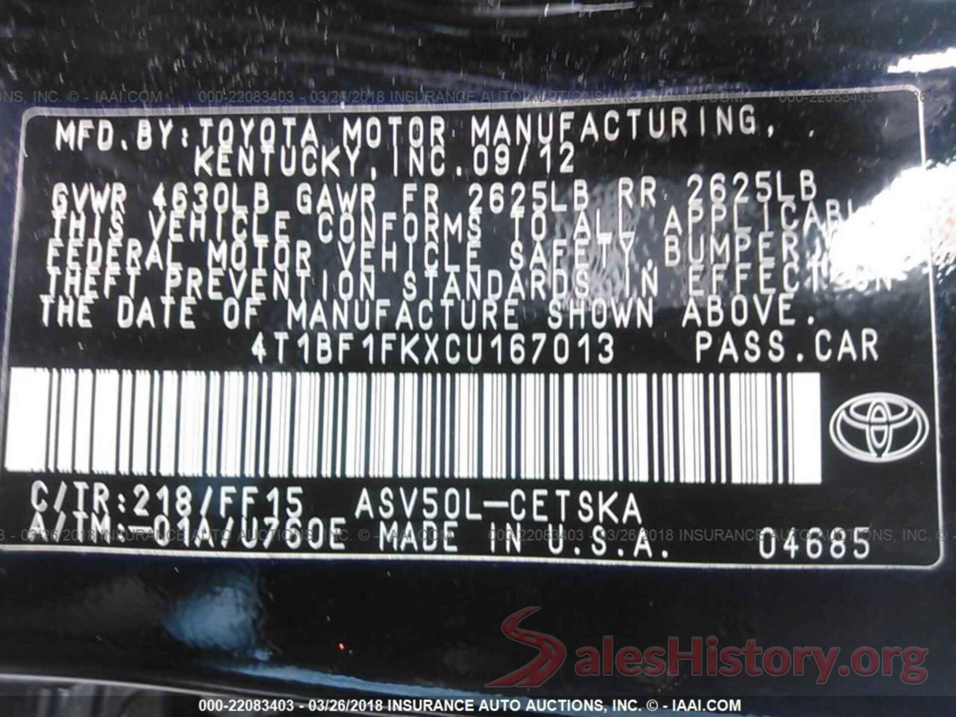 4T1BF1FKXCU167013 2012 Toyota Camry