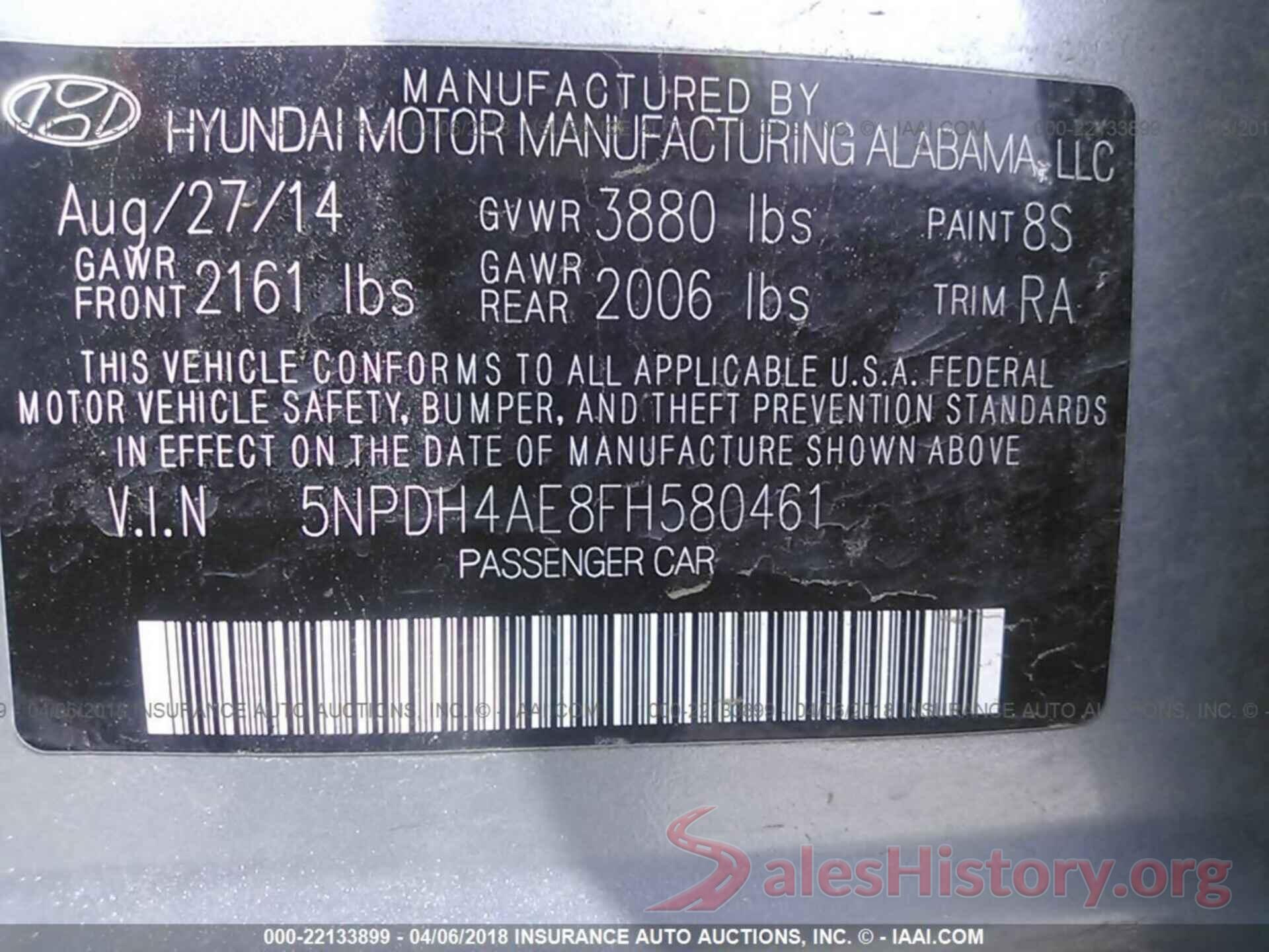 5NPDH4AE8FH580461 2015 Hyundai Elantra