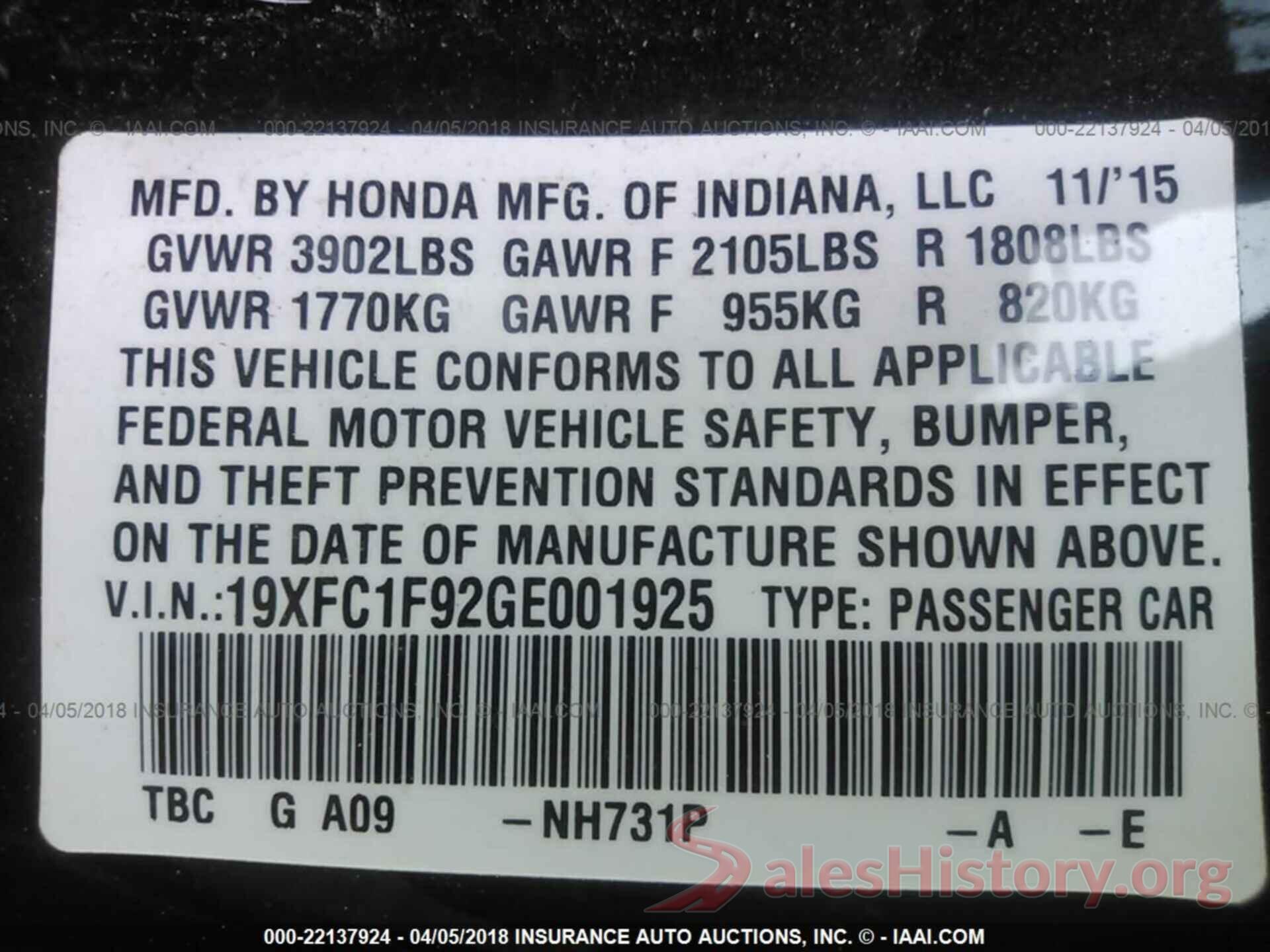 19XFC1F92GE001925 2016 HONDA CIVIC