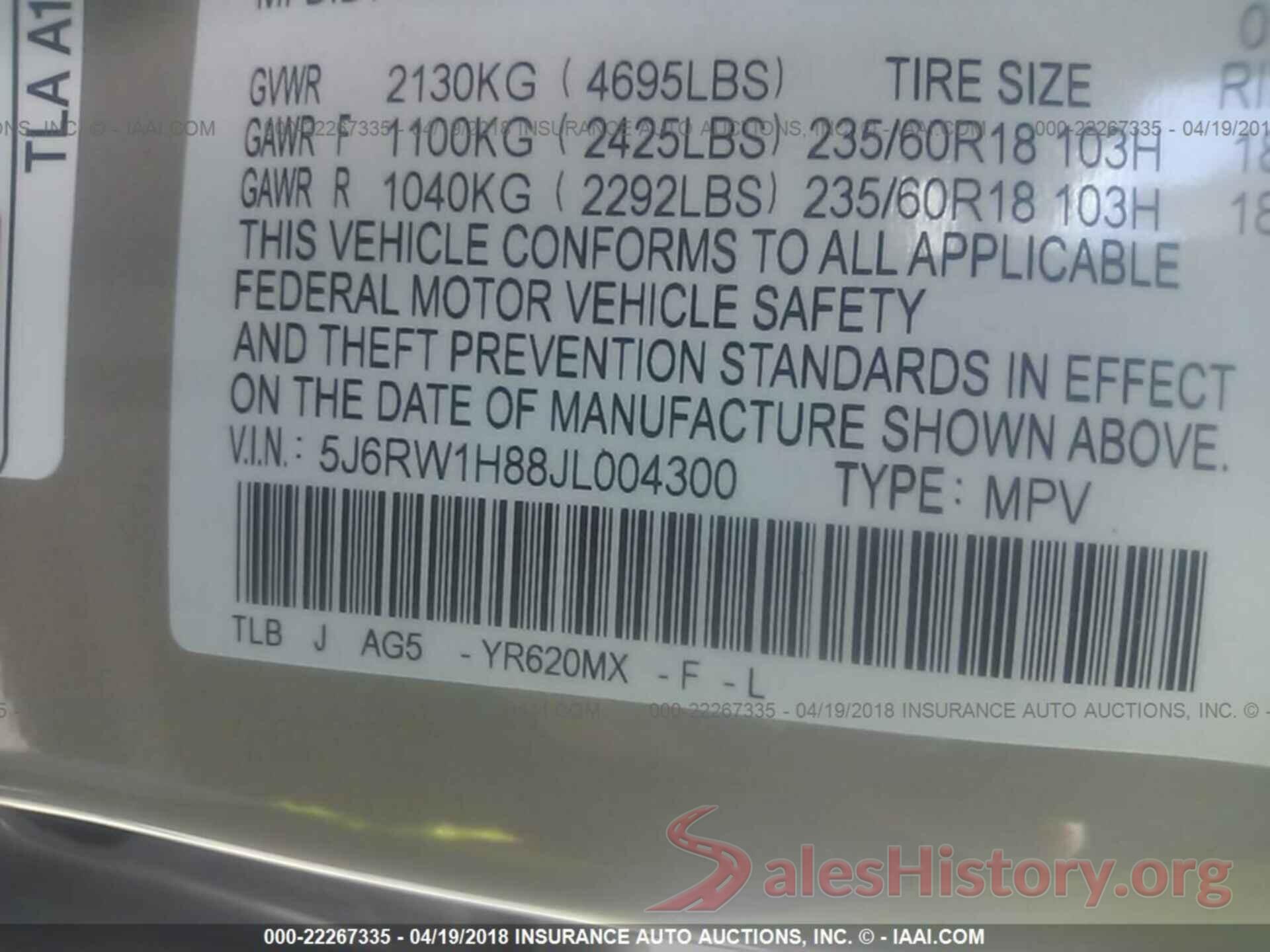 5J6RW1H88JL004300 2018 Honda Cr-v