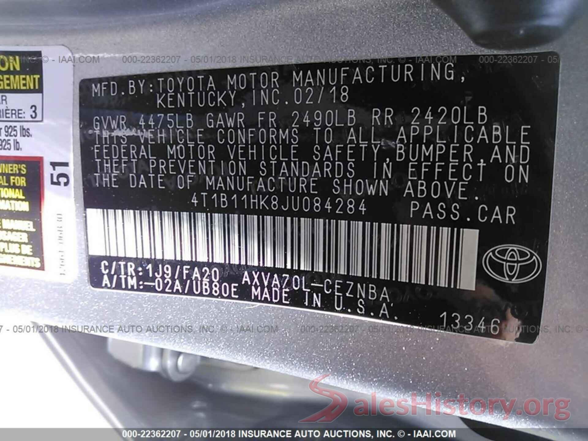 4T1B11HK8JU084284 2018 Toyota Camry