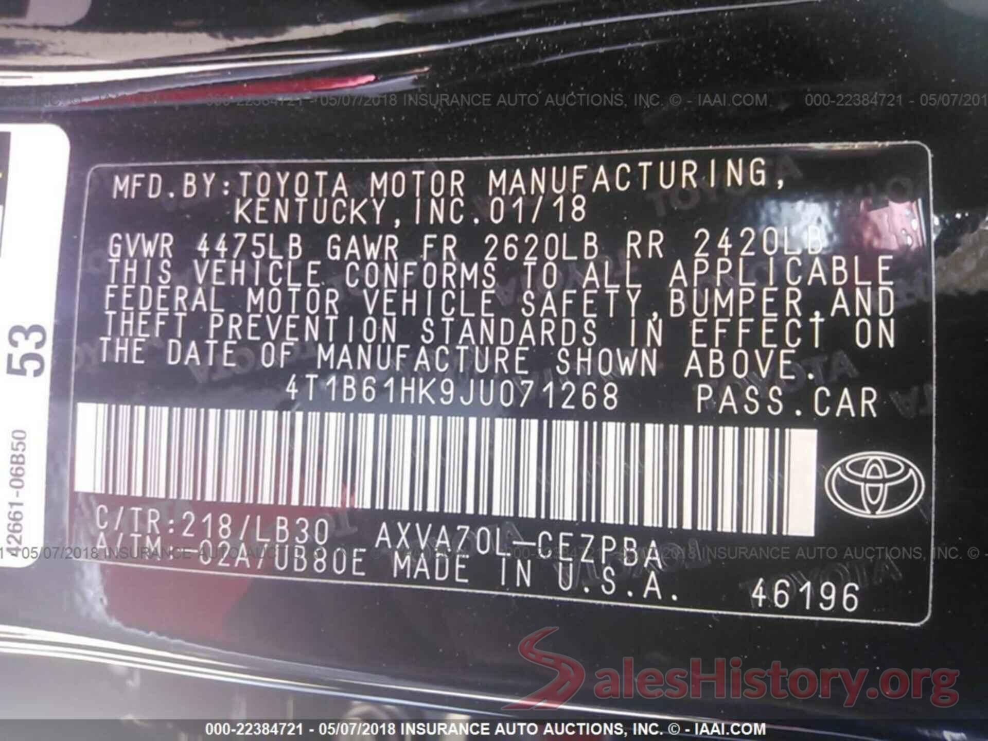 4T1B61HK9JU071268 2018 Toyota Camry