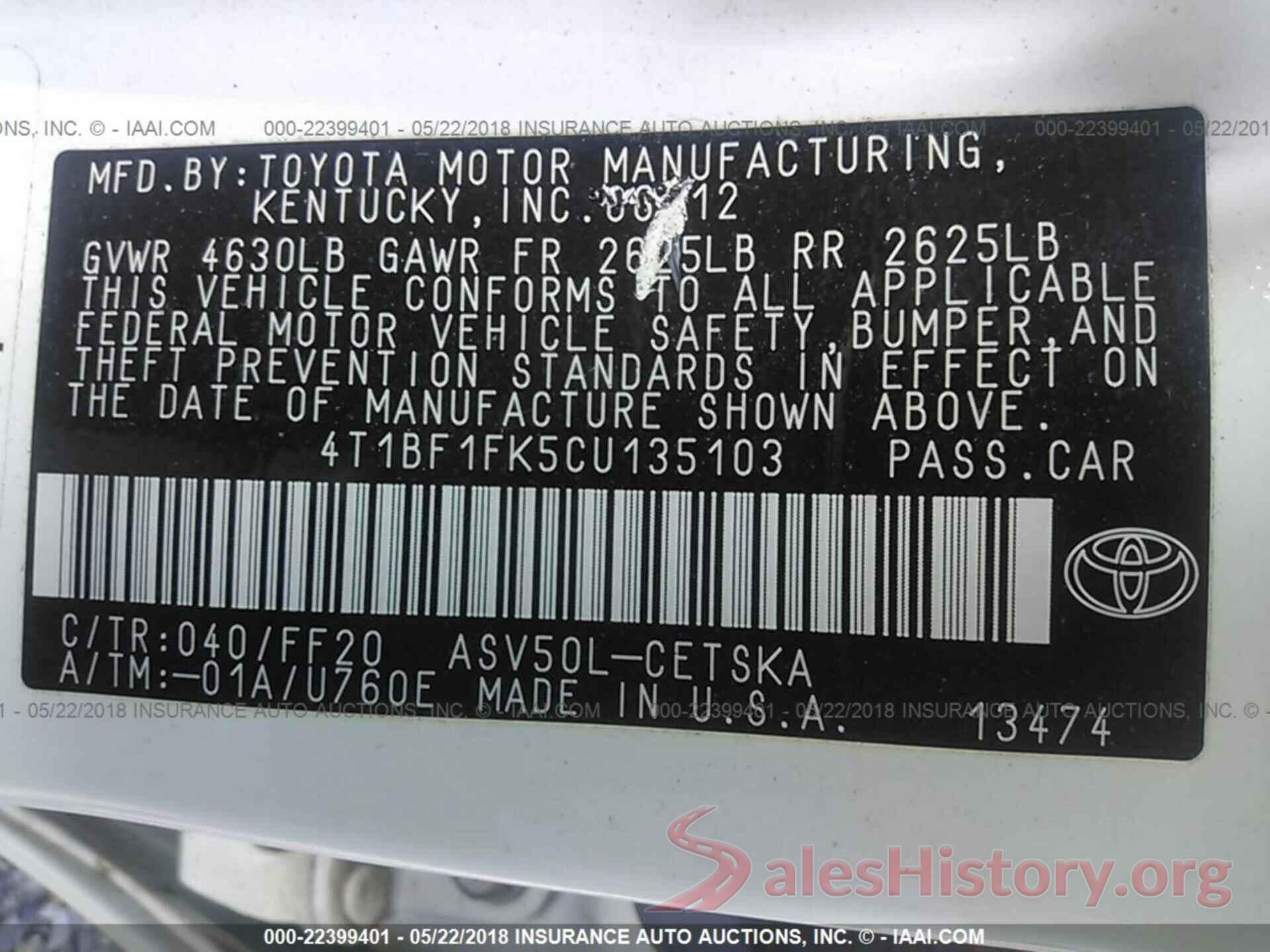 4T1BF1FK5CU135103 2012 Toyota Camry