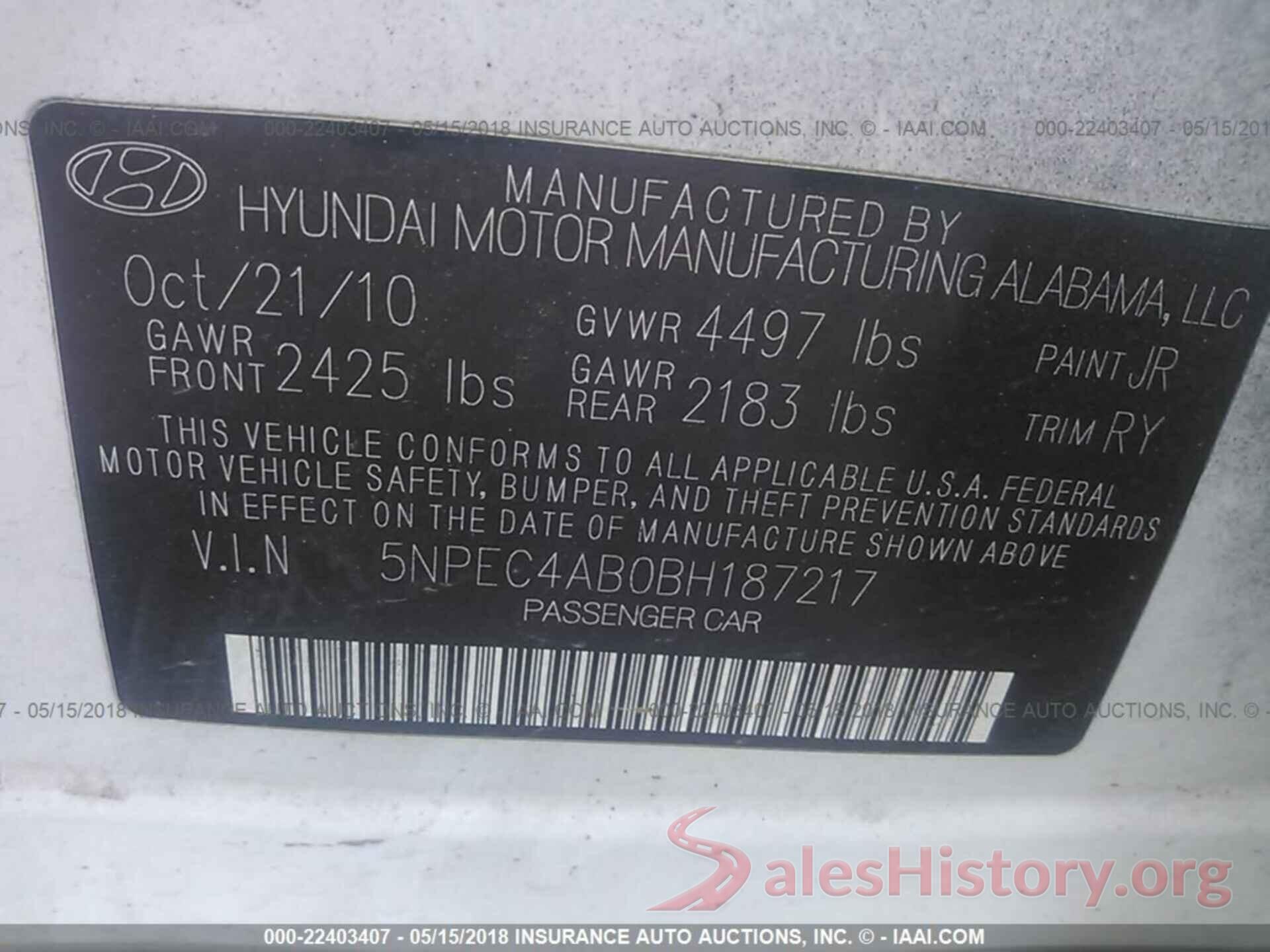 5NPEC4AB0BH187217 2011 Hyundai Sonata