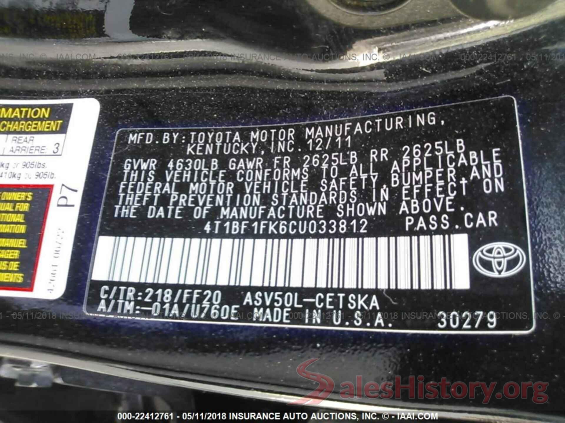 4T1BF1FK6CU033812 2012 Toyota Camry