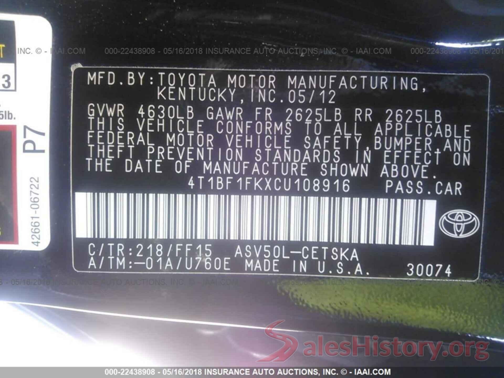 4T1BF1FKXCU108916 2012 Toyota Camry