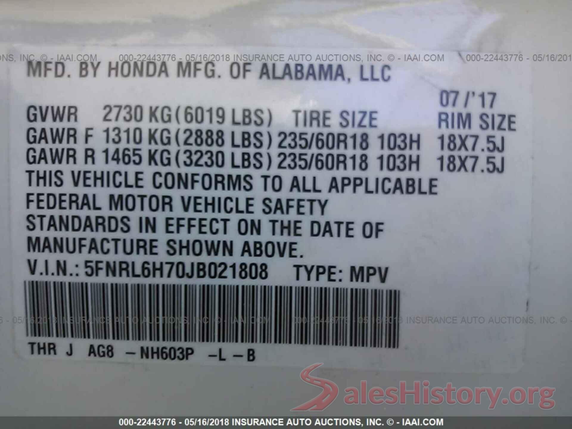 5FNRL6H70JB021808 2018 Honda Odyssey