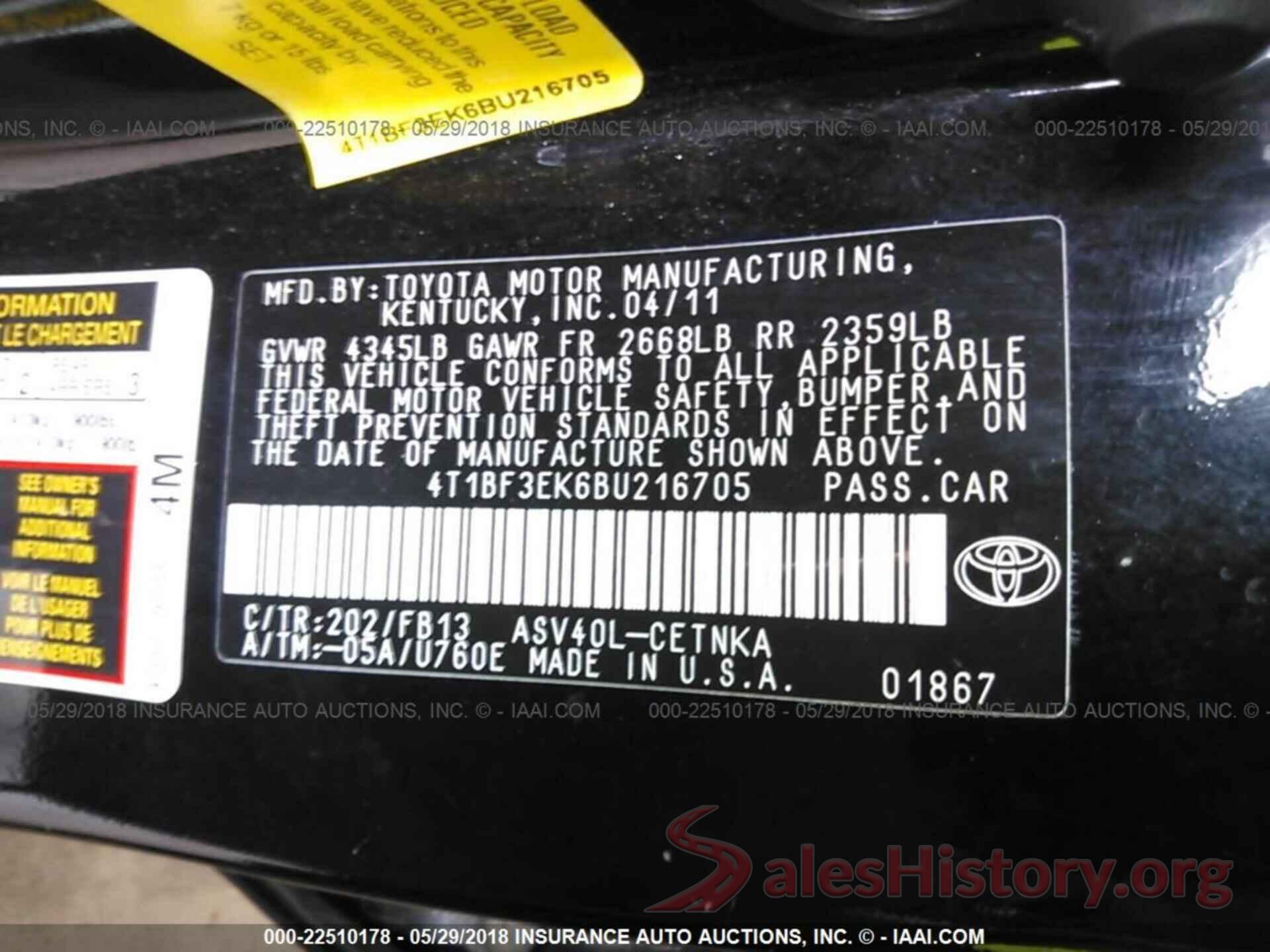 4T1BF3EK6BU216705 2011 Toyota Camry