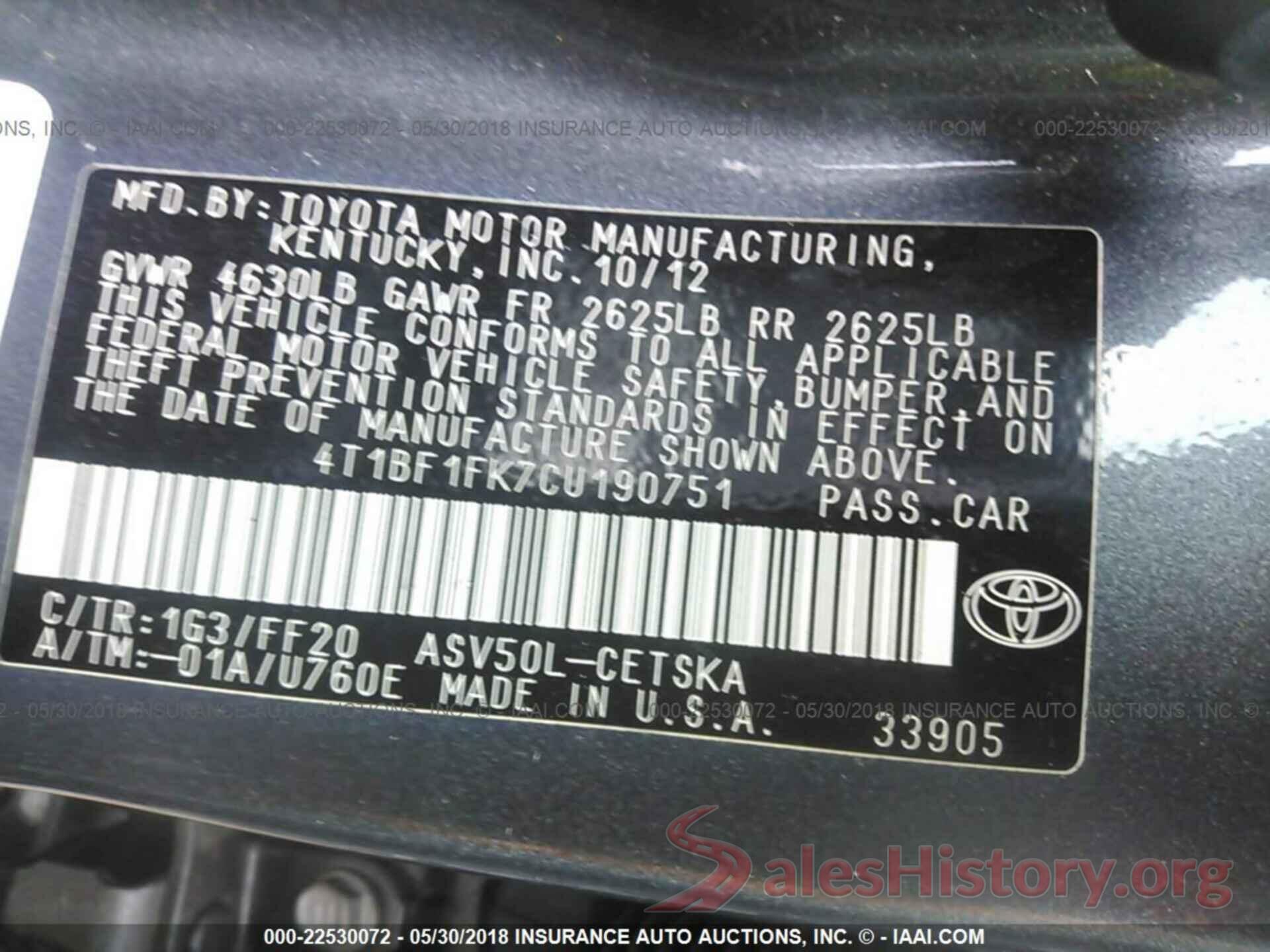 4T1BF1FK7CU190751 2012 Toyota Camry