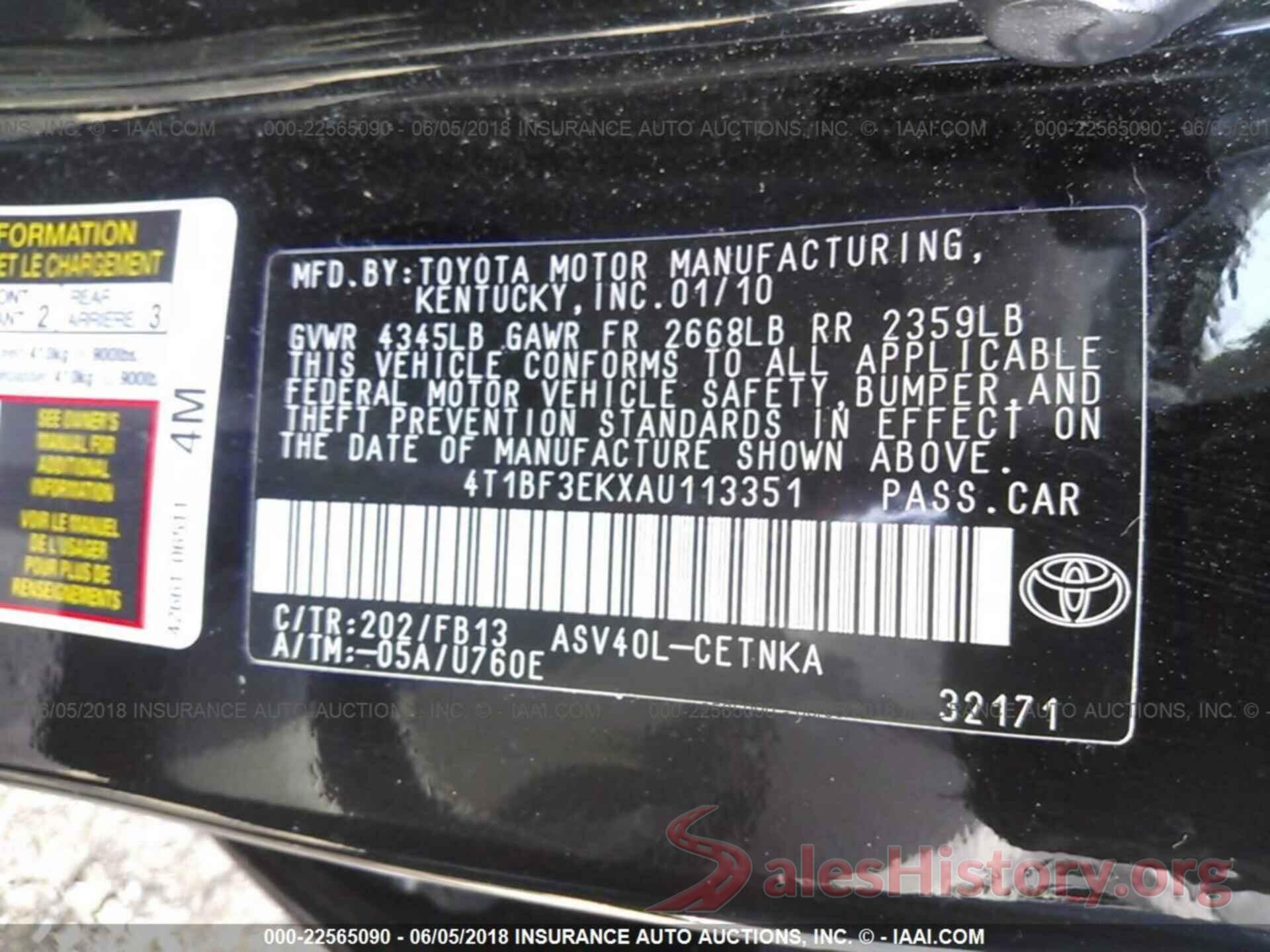 4T1BF3EKXAU113351 2010 TOYOTA CAMRY