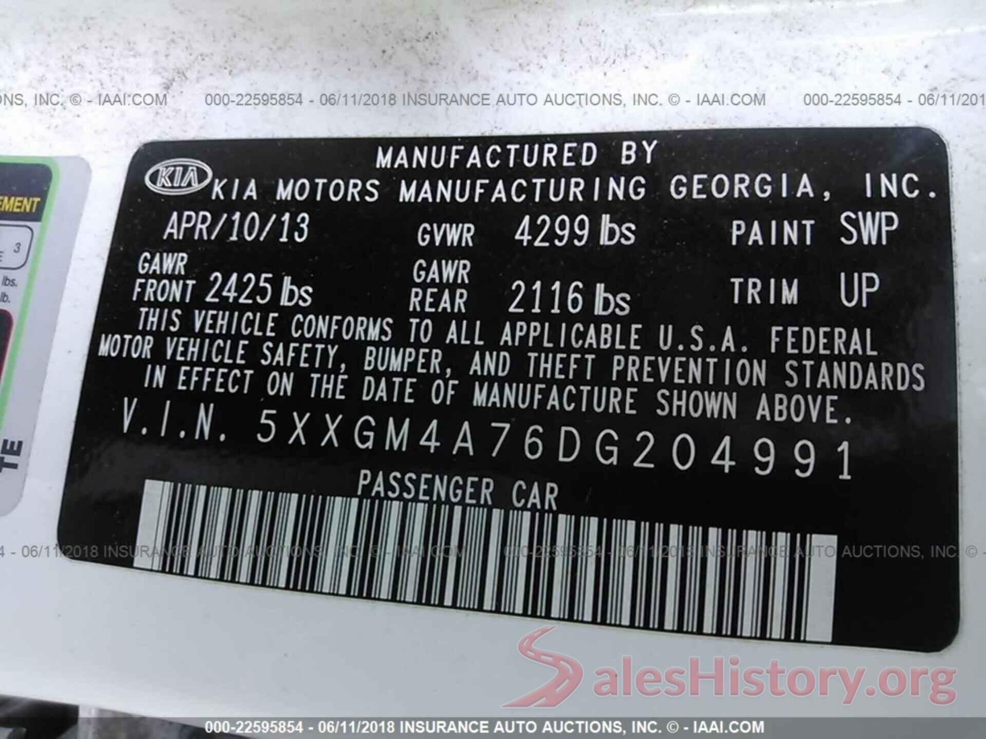 5XXGM4A76DG204991 2013 KIA OPTIMA