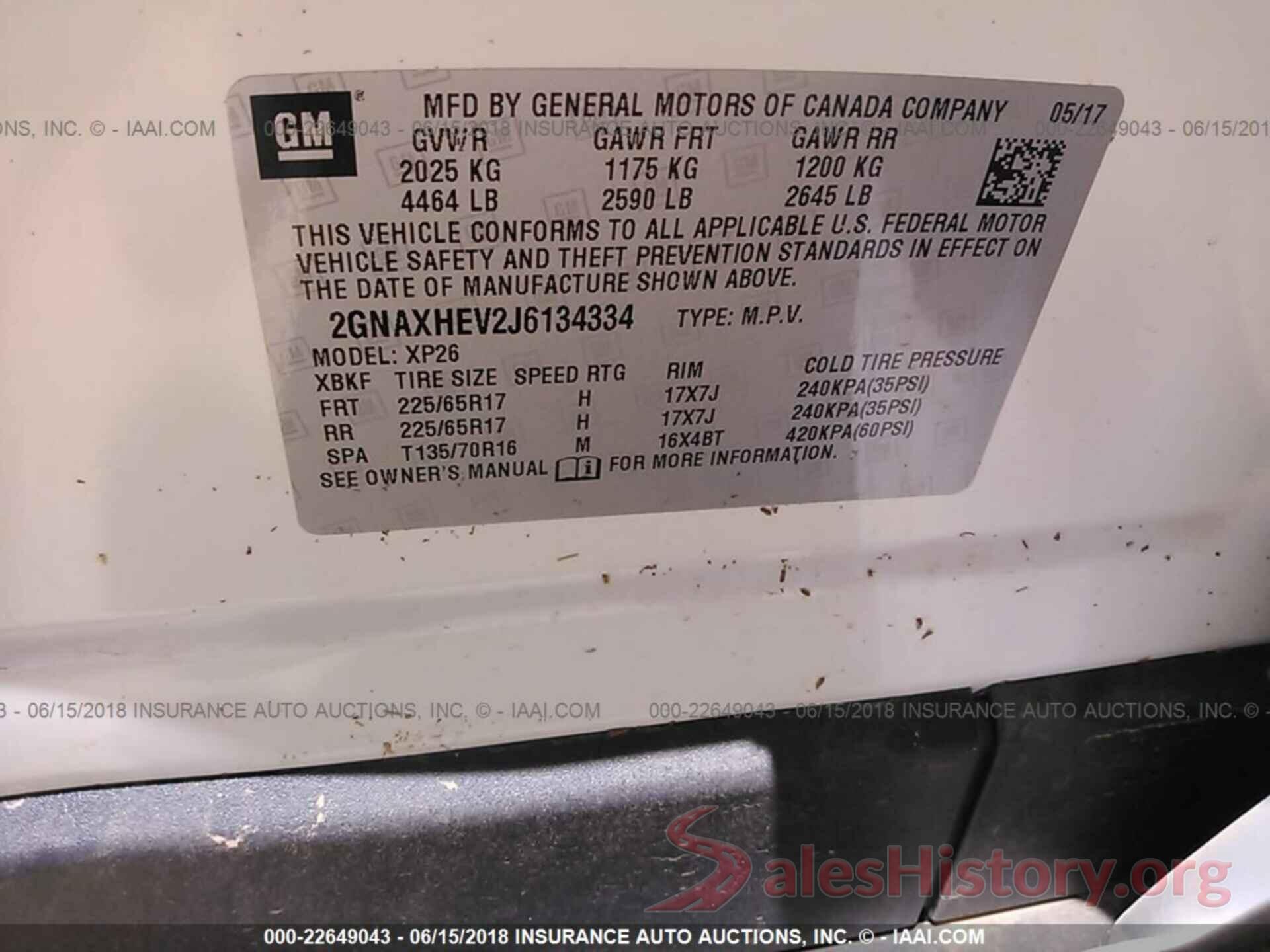 2GNAXHEV2J6134334 2018 Chevrolet Equinox