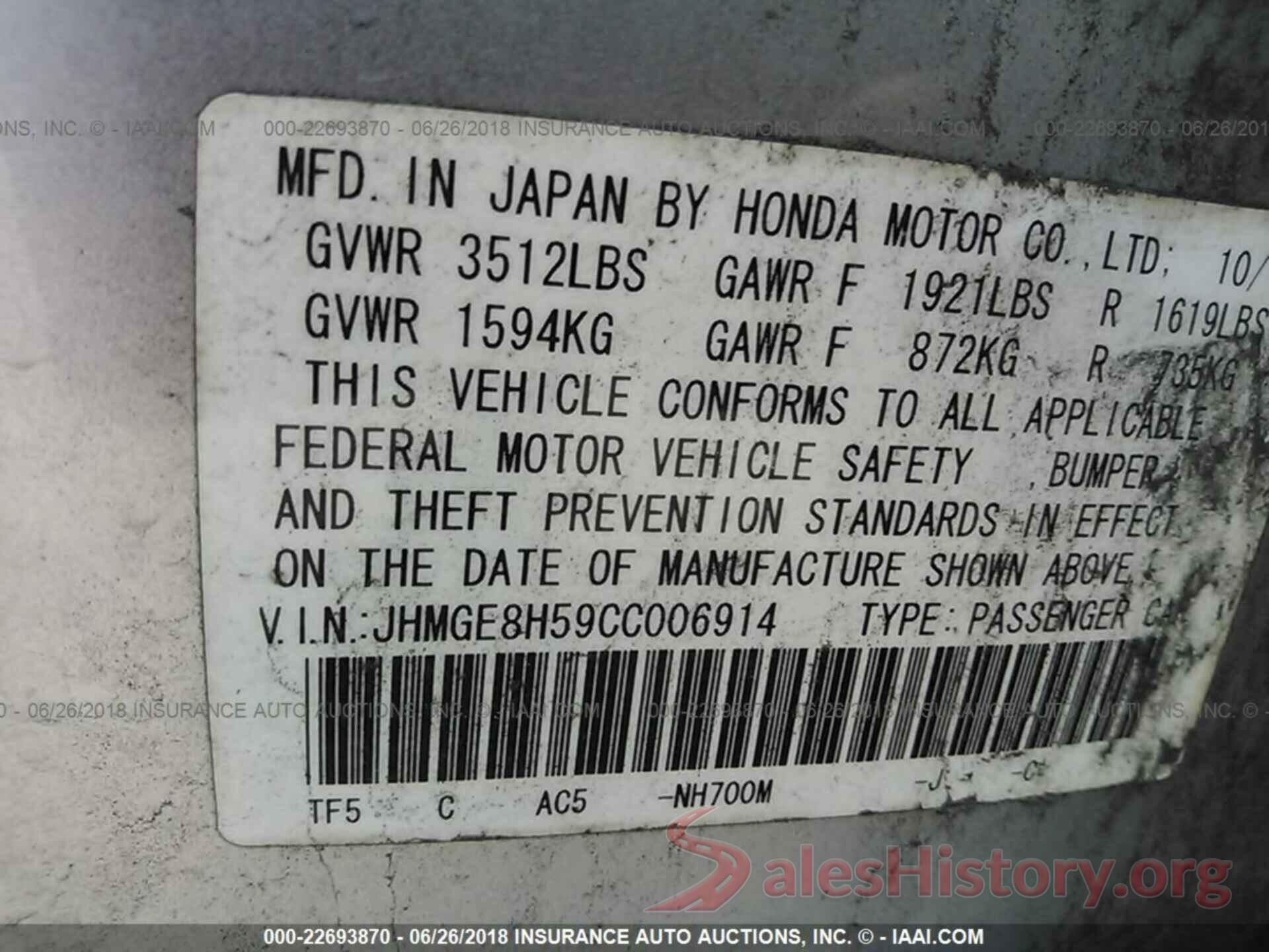 JHMGE8H59CC006914 2012 Honda Fit