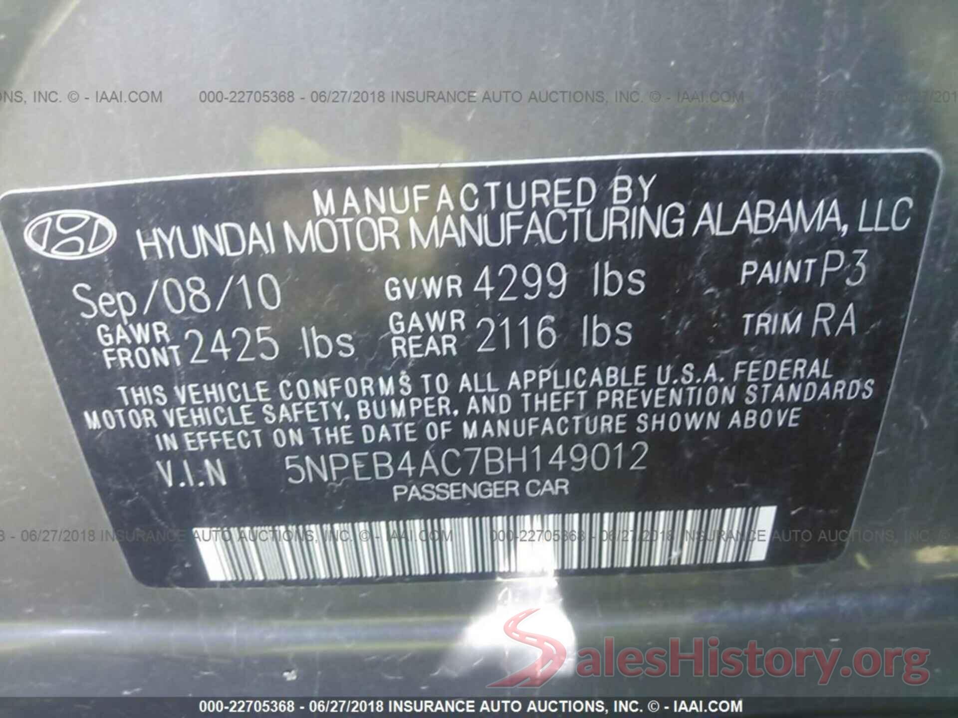 5NPEB4AC7BH149012 2011 Hyundai Sonata