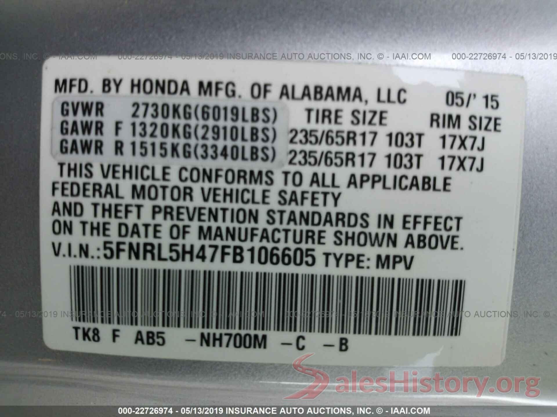 5FNRL5H47FB106605 2015 HONDA ODYSSEY