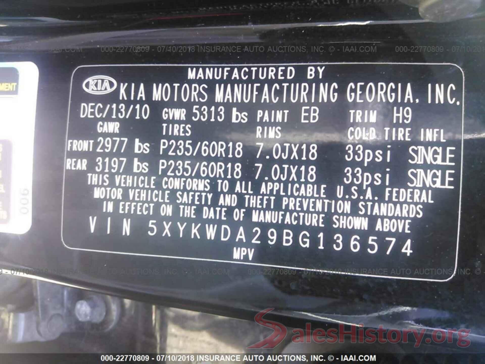 5XYKWDA29BG136574 2011 Kia Sorento