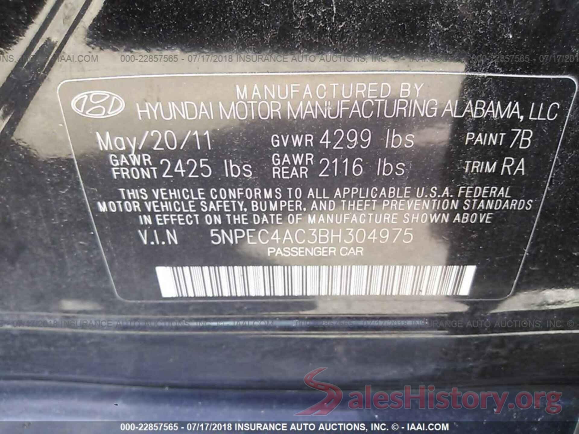 5NPEC4AC3BH304975 2011 Hyundai Sonata