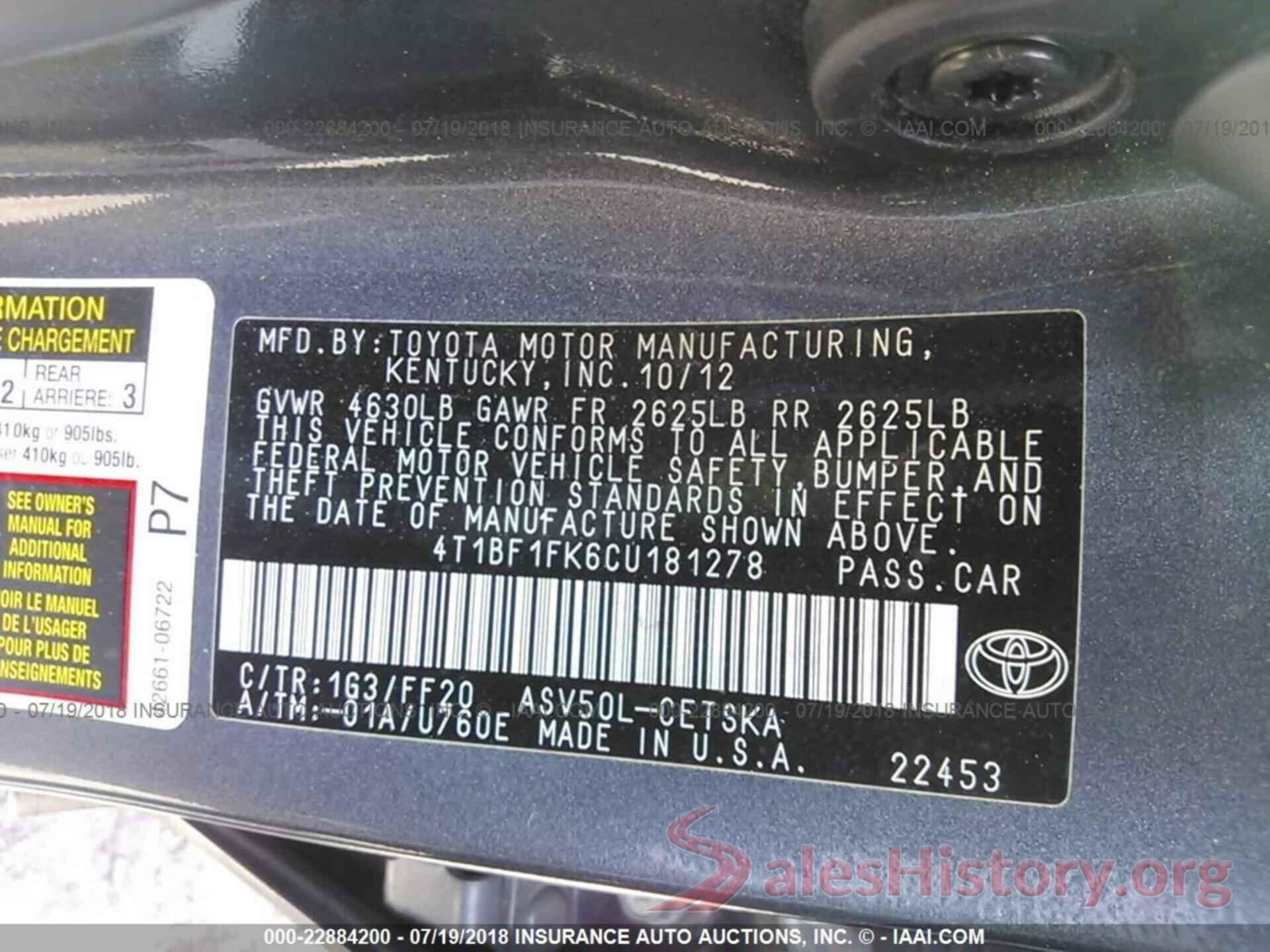 4T1BF1FK6CU181278 2012 Toyota Camry