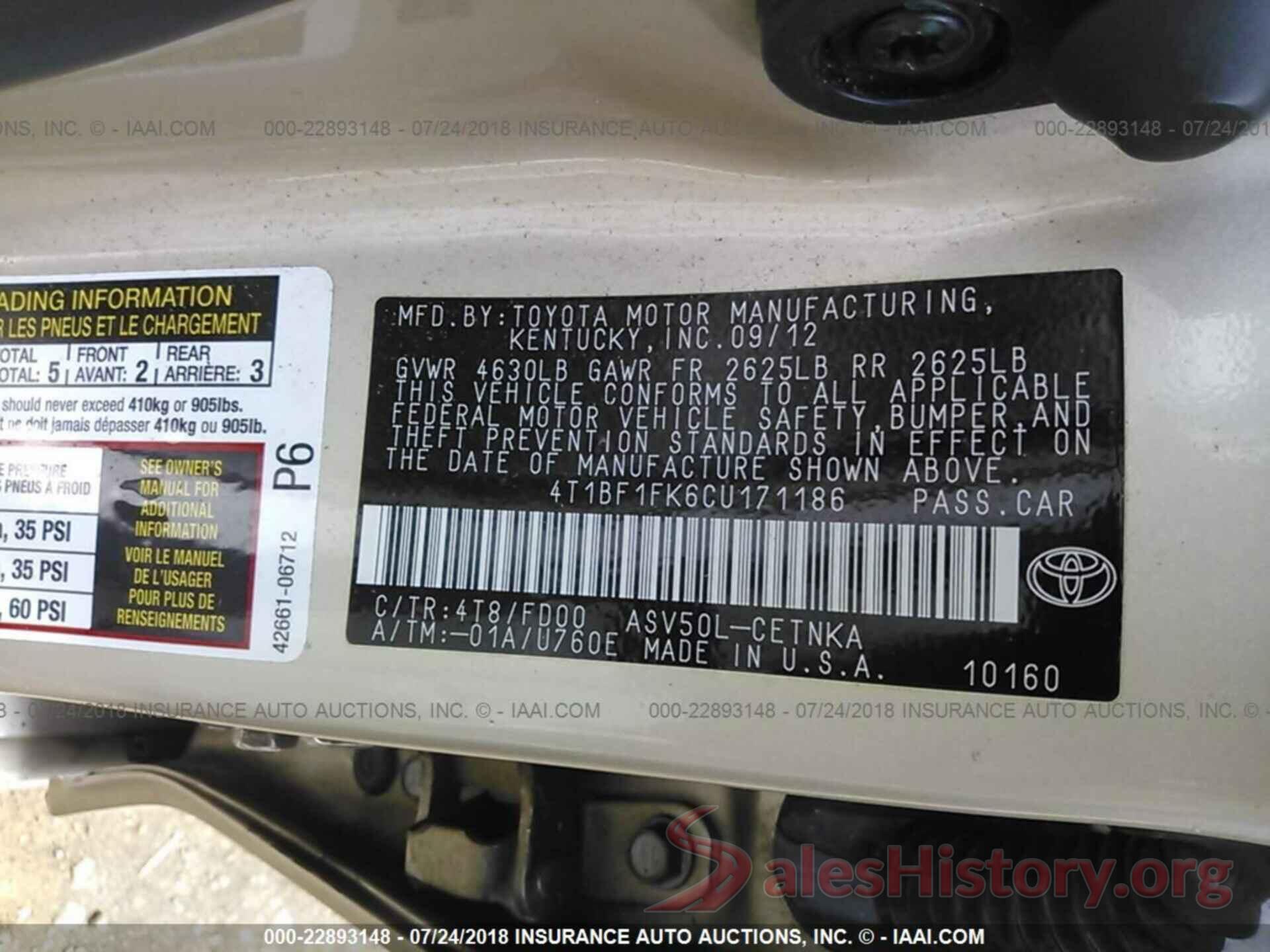 4T1BF1FK6CU171186 2012 Toyota Camry