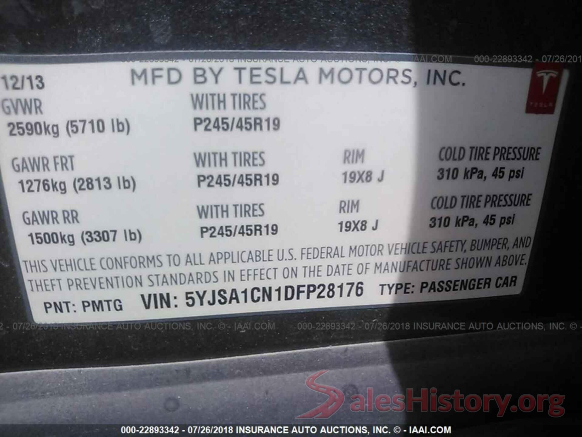 5YJSA1CN1DFP28176 2013 TESLA MODEL S