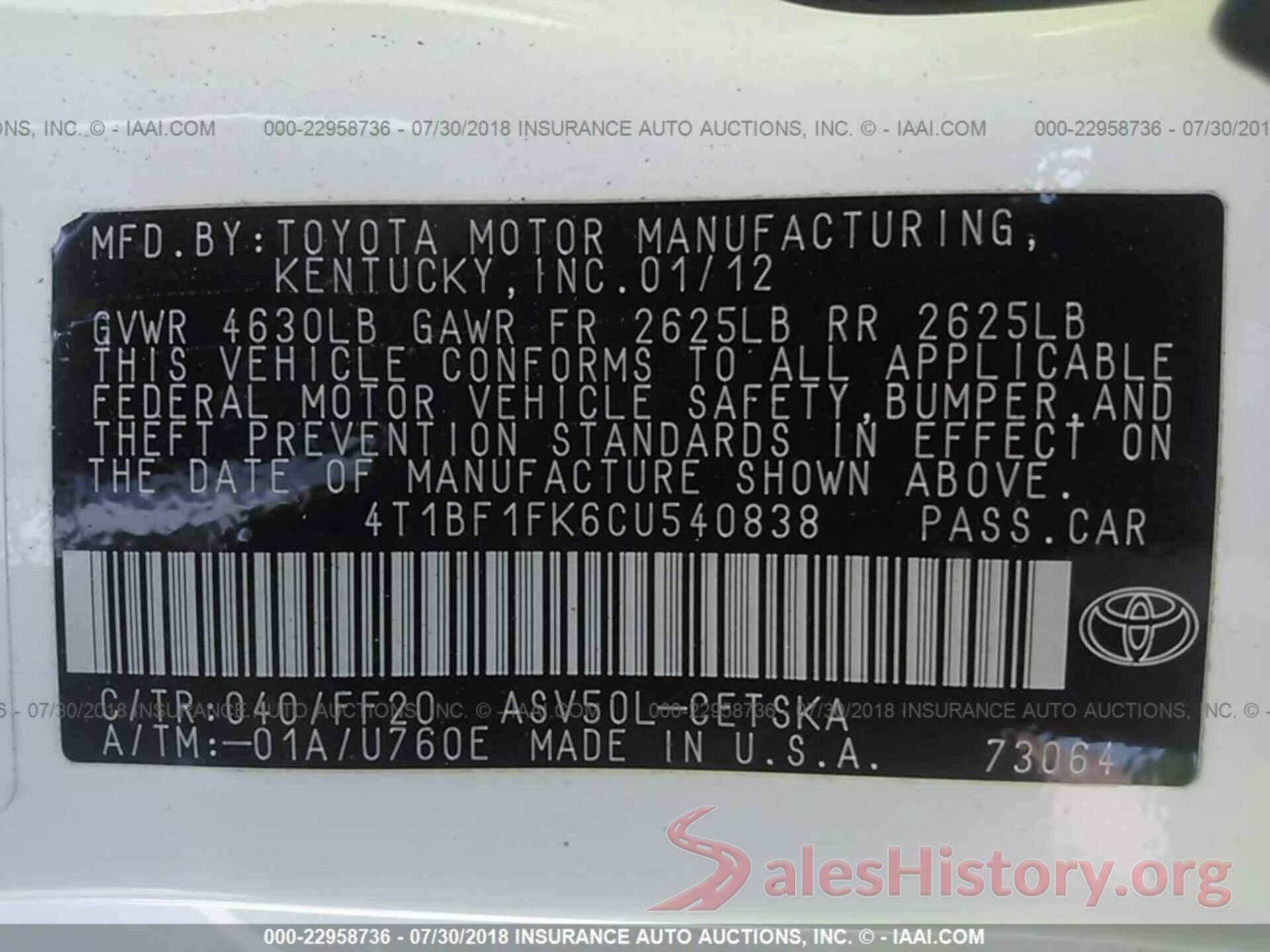 4T1BF1FK6CU540838 2012 Toyota Camry