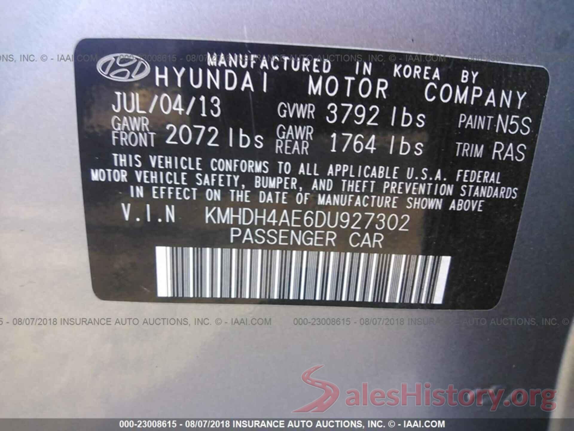 KMHDH4AE6DU927302 2013 Hyundai Elantra