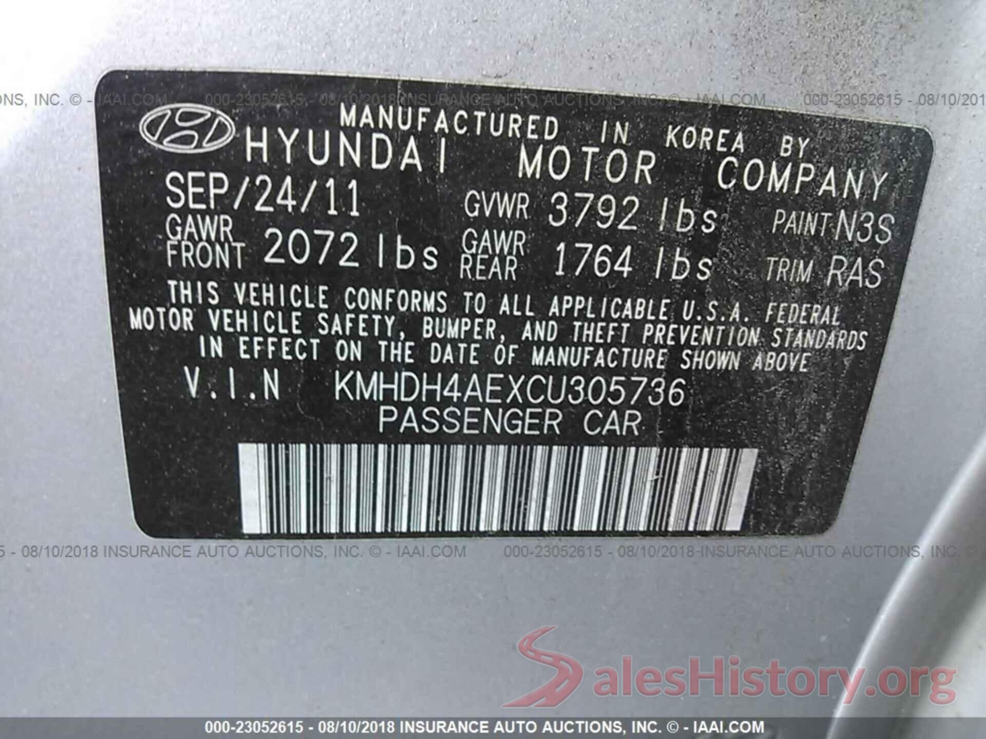 KMHDH4AEXCU305736 2012 Hyundai Elantra