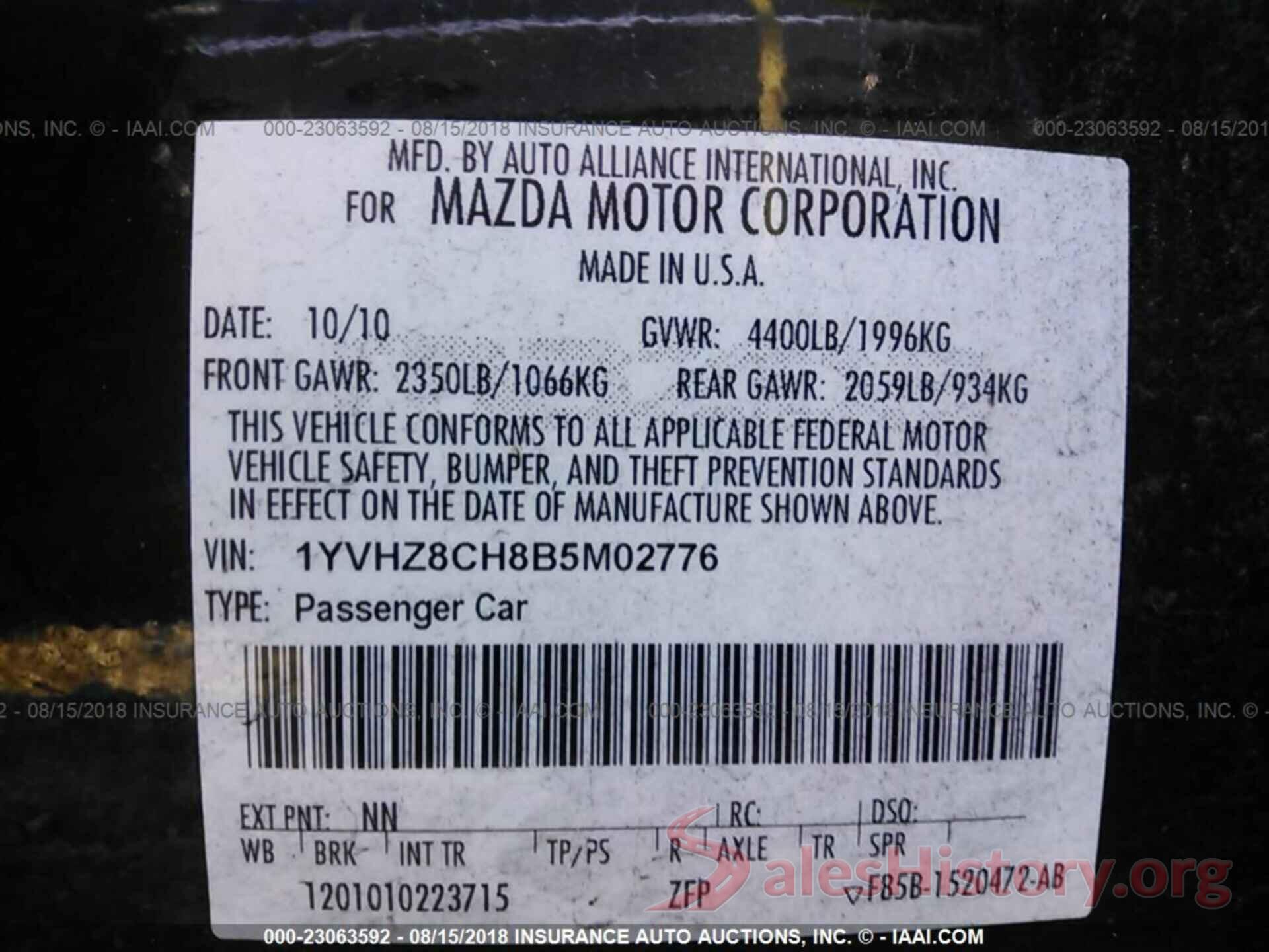 1YVHZ8CH8B5M02776 2011 Mazda 6