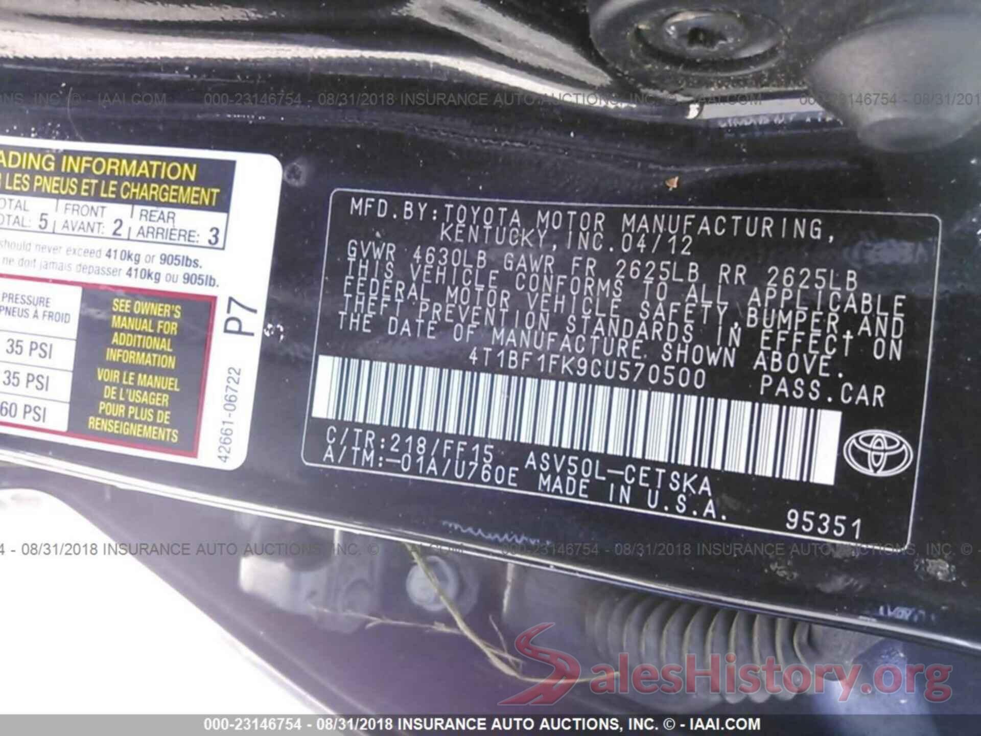 4T1BF1FK9CU570500 2012 TOYOTA CAMRY