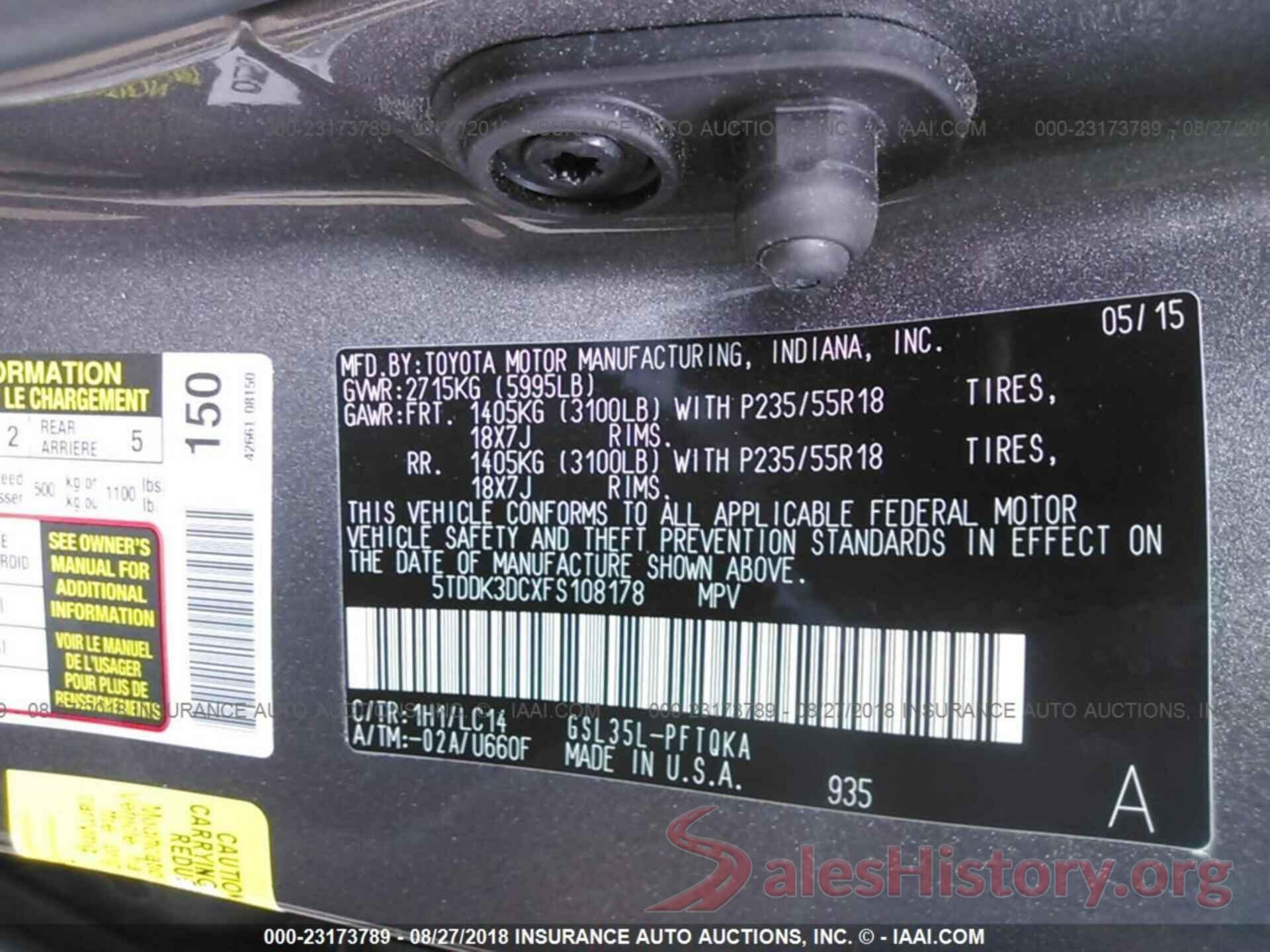 5TDDK3DCXFS108178 2015 Toyota Sienna