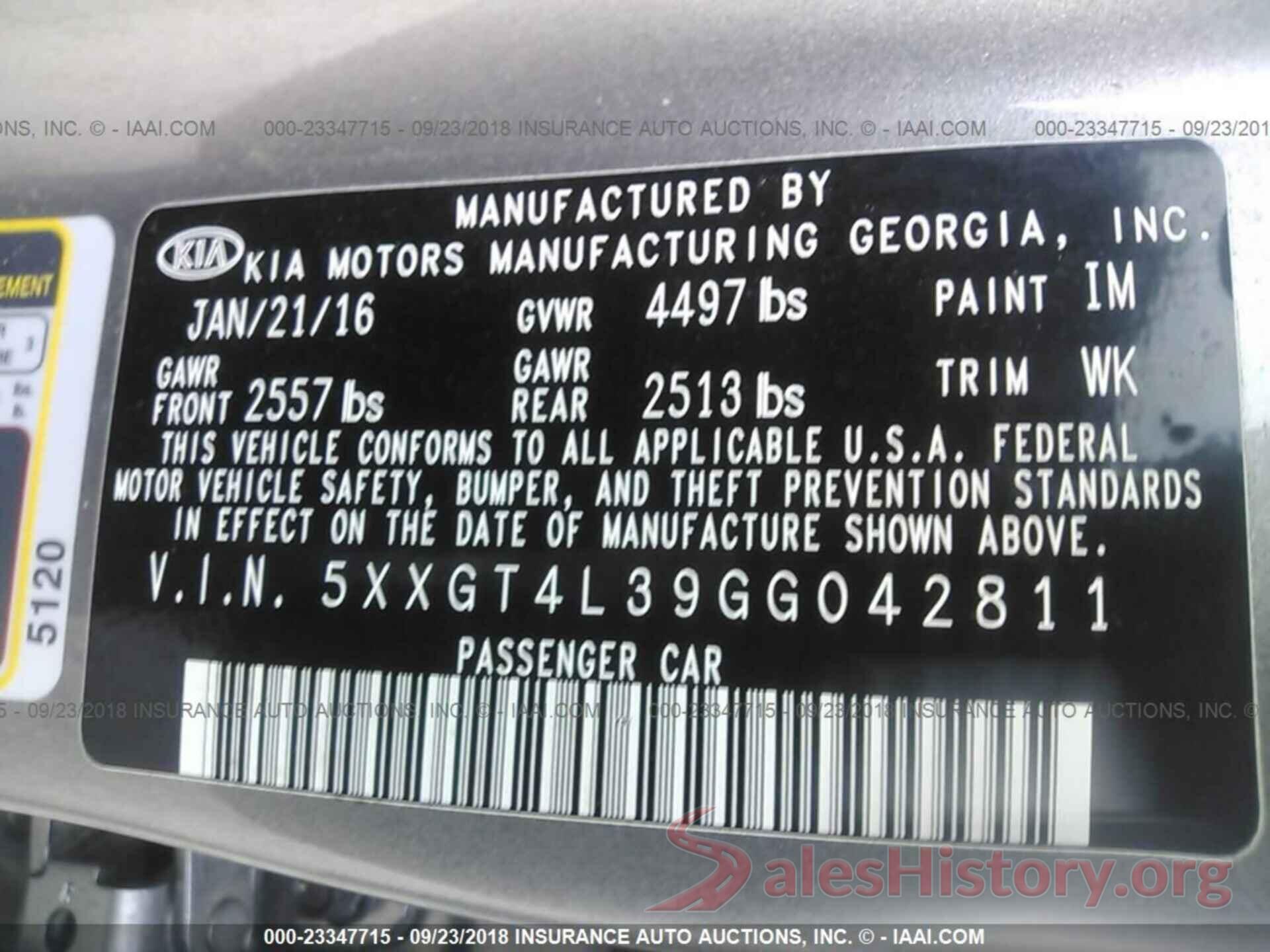 5XXGT4L39GG042811 2016 KIA OPTIMA