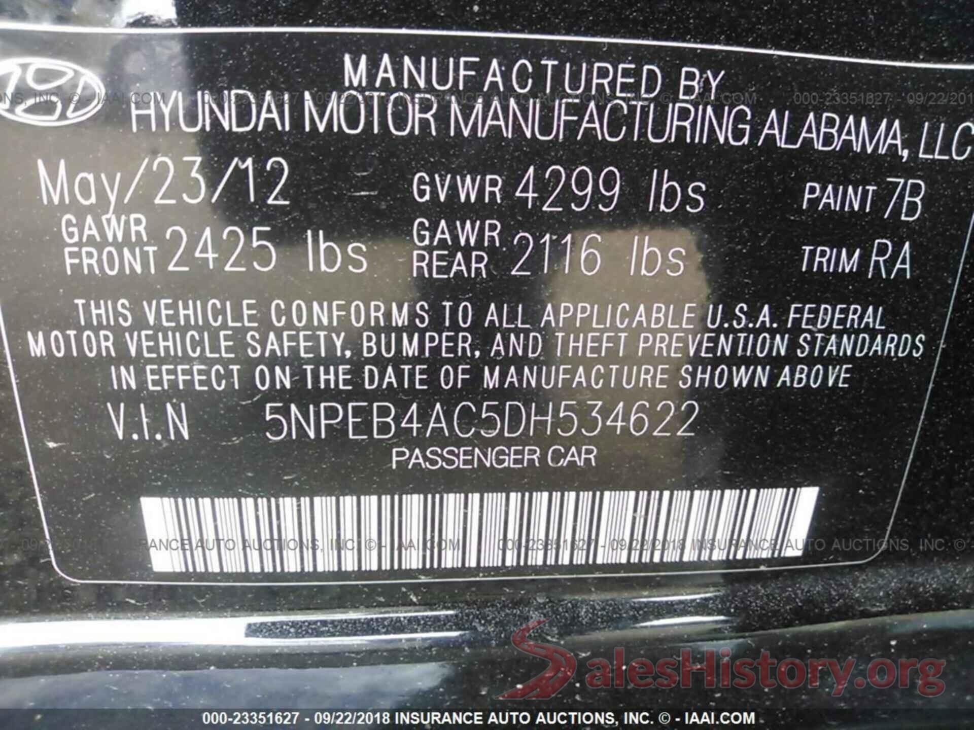 5NPEB4AC5DH534622 2013 Hyundai Sonata