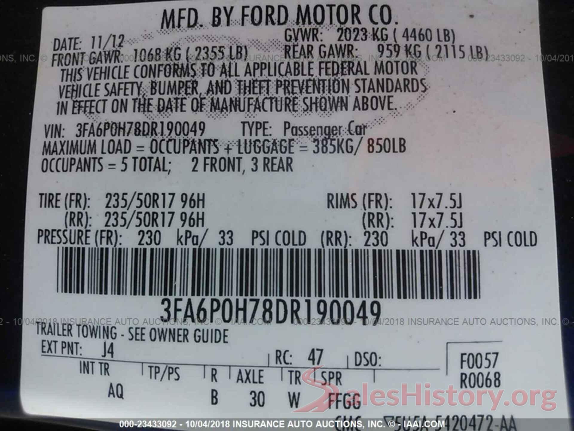 3FA6P0H78DR190049 2013 FORD FUSION