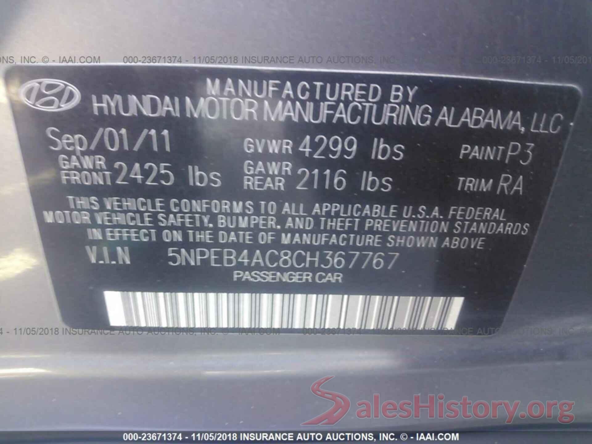 5NPEB4AC8CH367767 2012 HYUNDAI SONATA