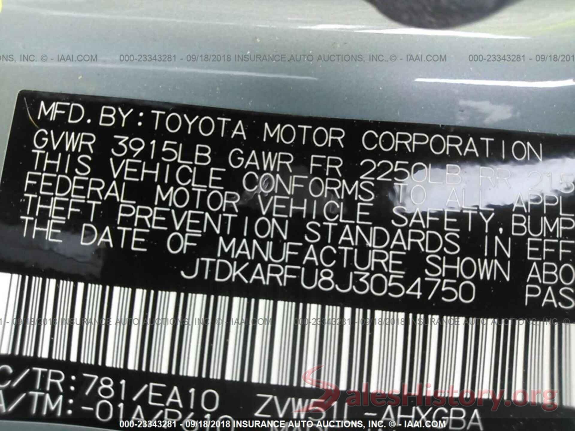 JTDKARFU8J3054750 2018 TOYOTA PRIUS