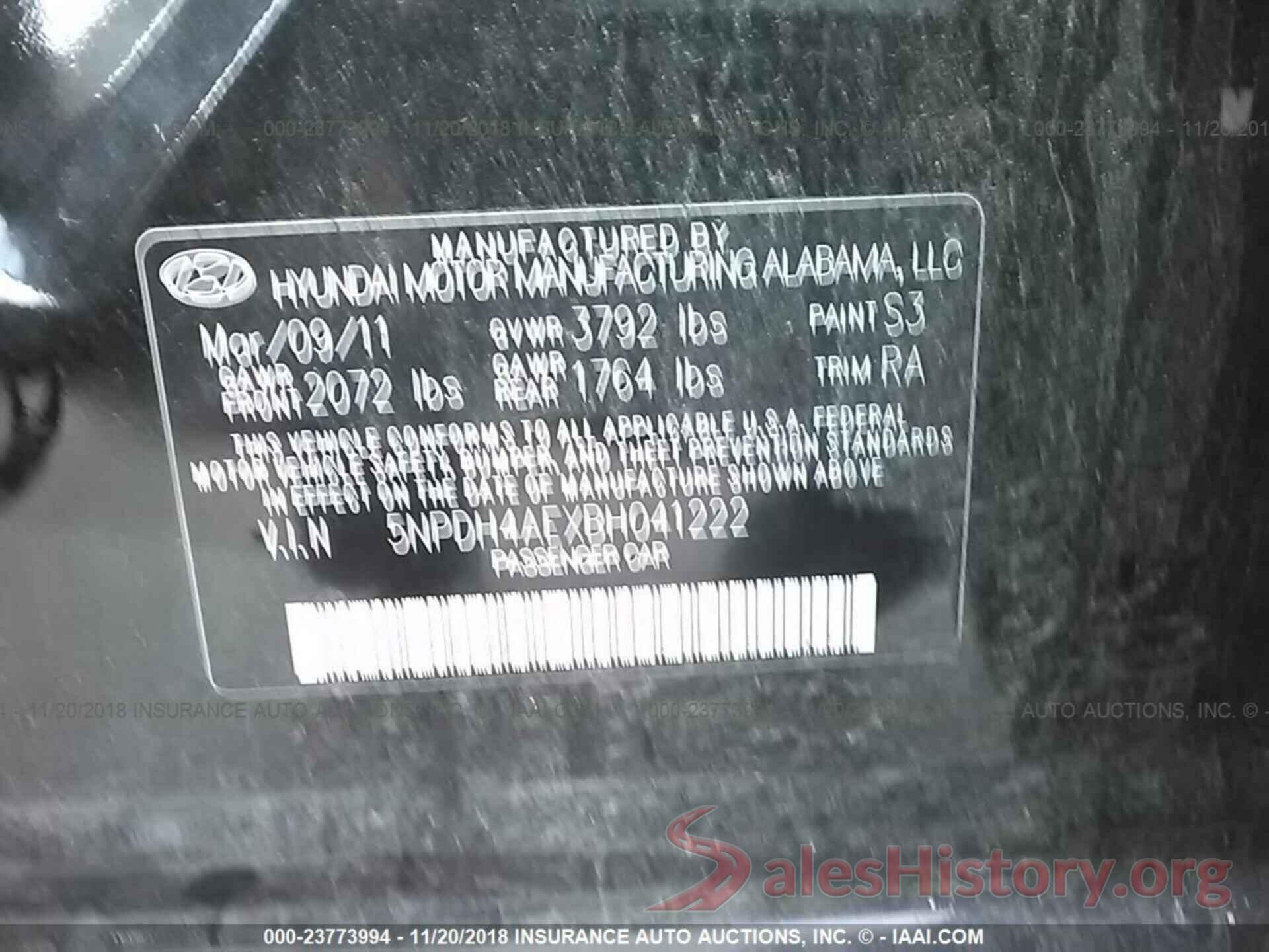 5NPDH4AEXBH041222 2011 HYUNDAI ELANTRA