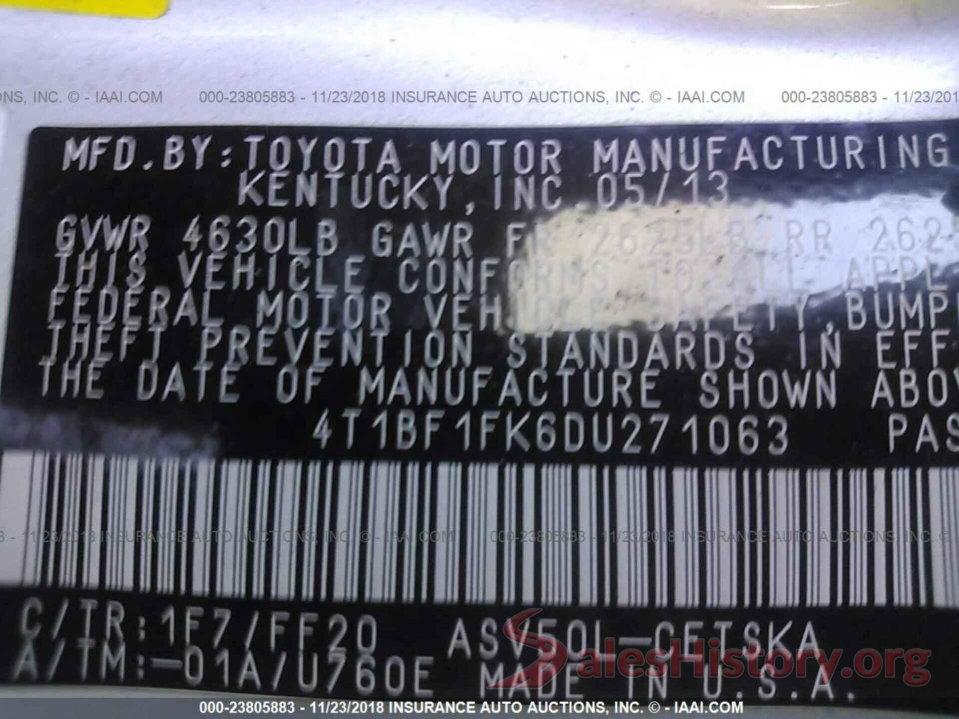 4T1BF1FK6DU271063 2013 TOYOTA CAMRY