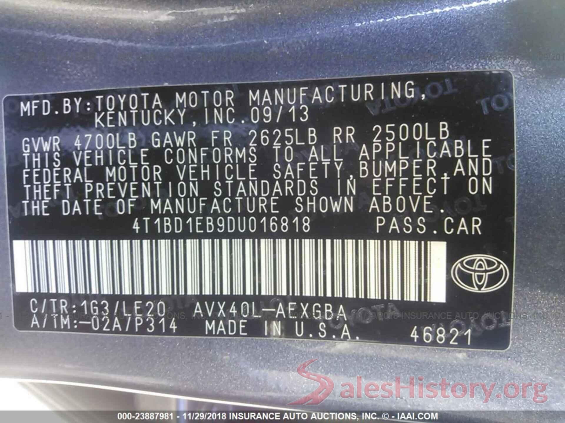 4T1BD1EB9DU016818 2013 TOYOTA AVALON