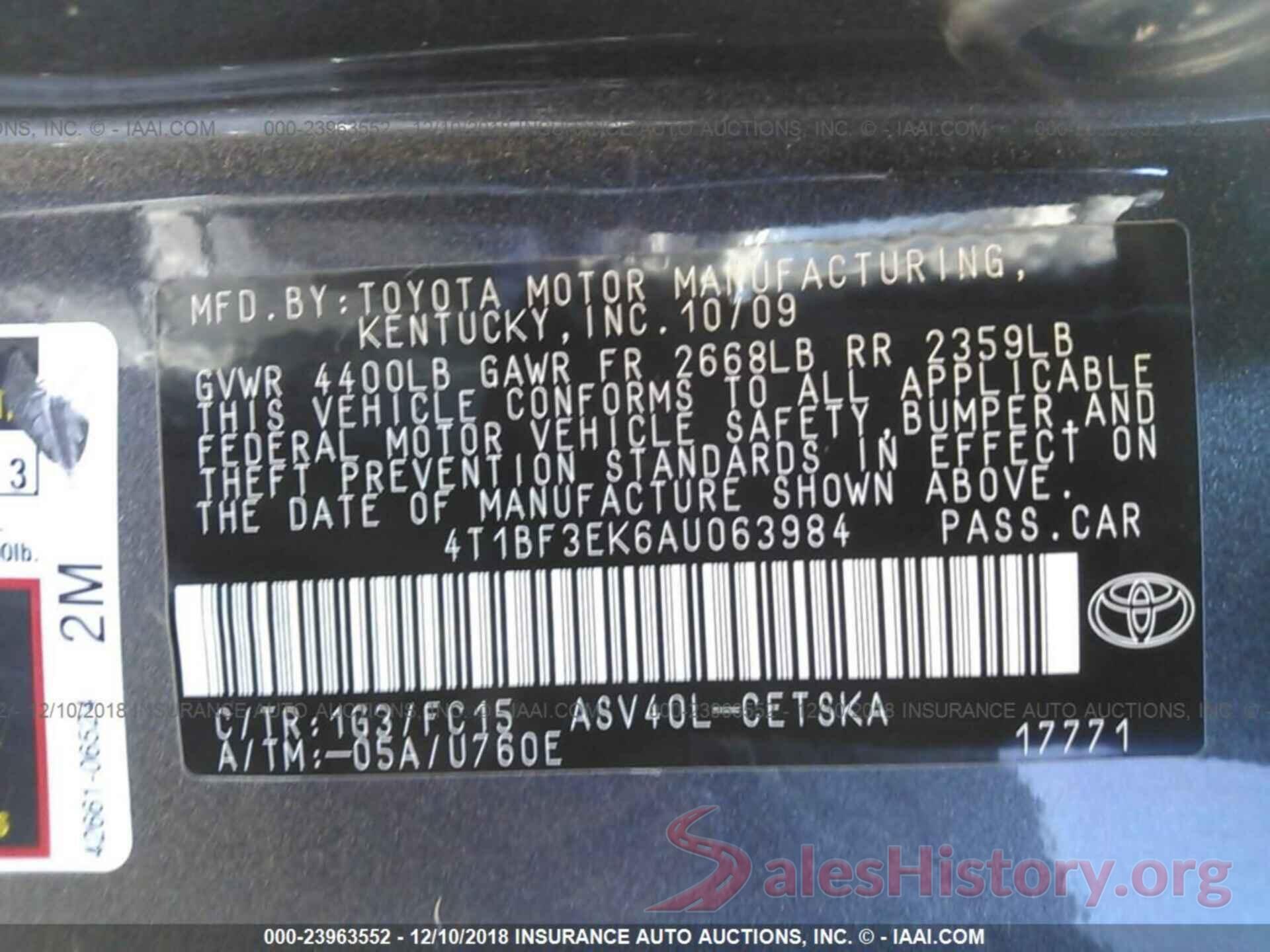 4T1BF3EK6AU063984 2010 TOYOTA CAMRY