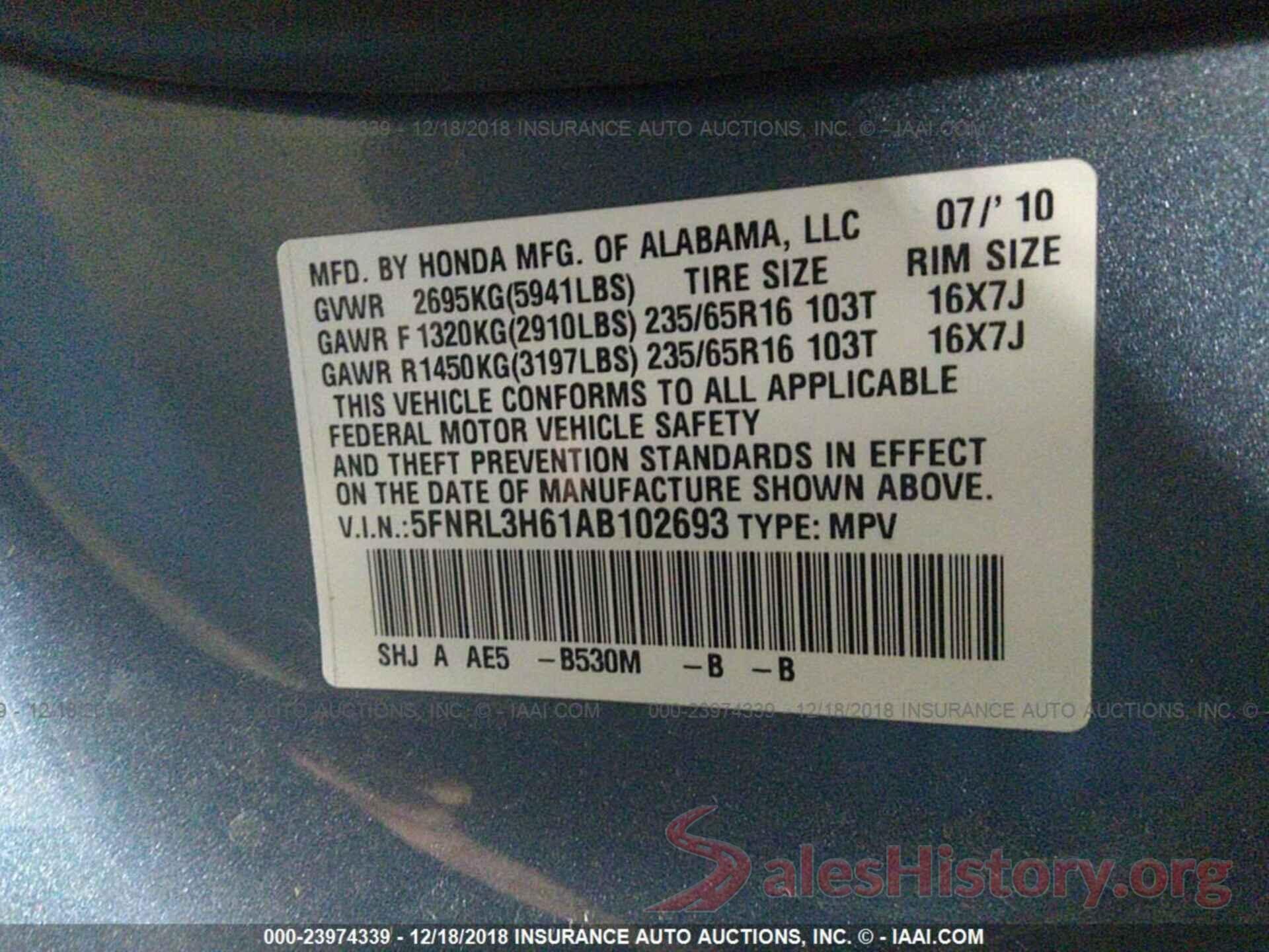 5FNRL3H61AB102693 2010 HONDA ODYSSEY