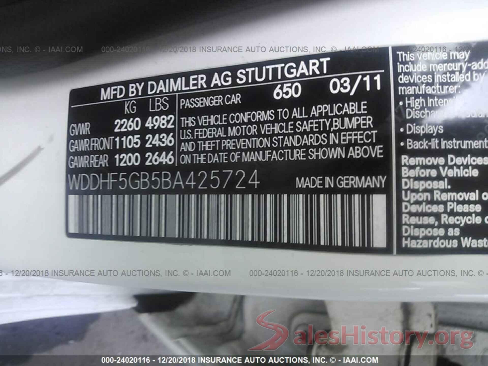 WDDHF5GB5BA425724 2011 MERCEDES-BENZ E