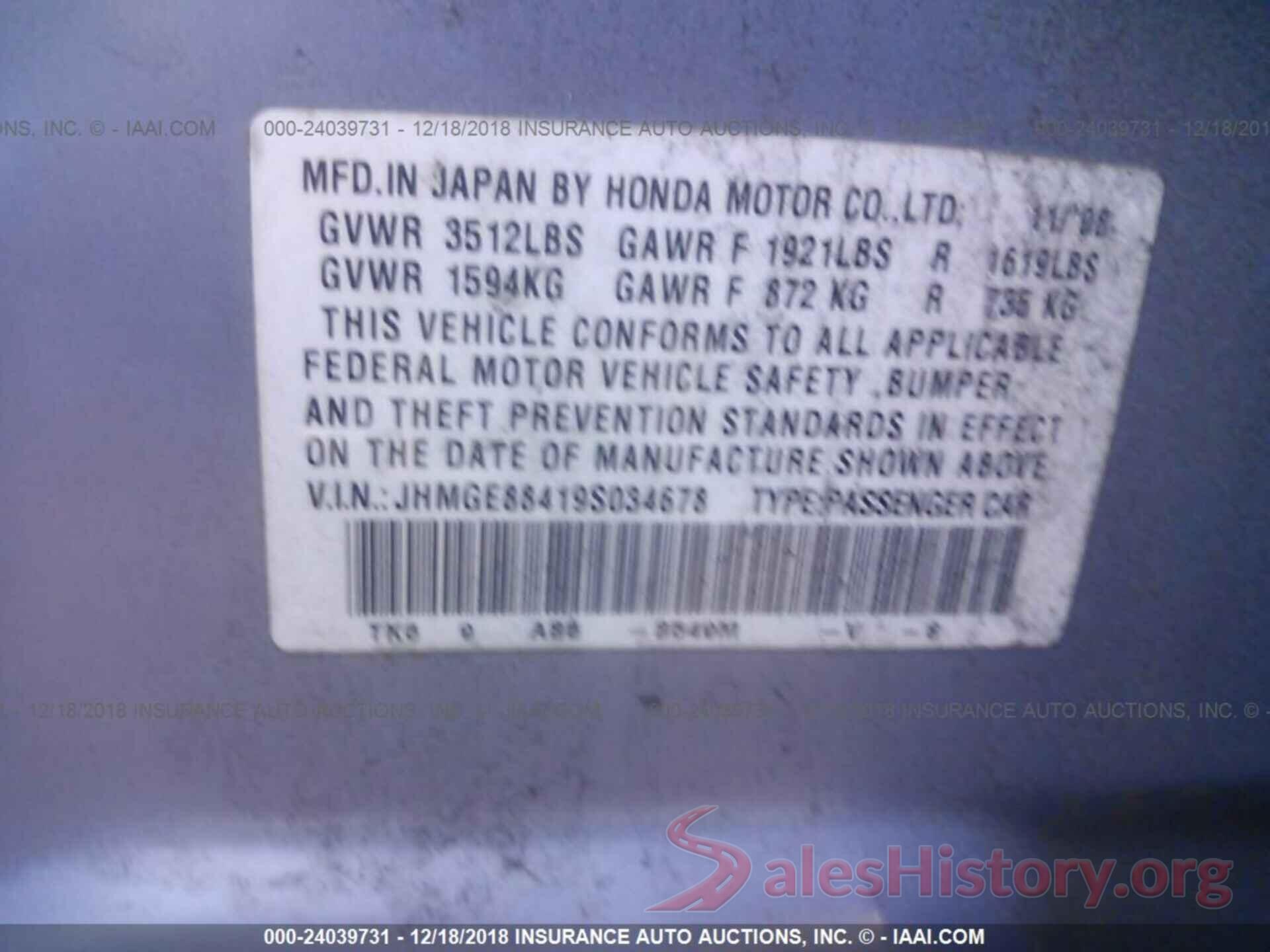 JHMGE88419S034678 2009 HONDA FIT