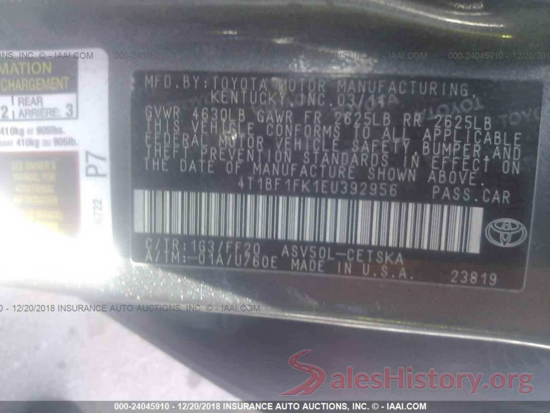 4T1BF1FK1EU392956 2014 TOYOTA CAMRY