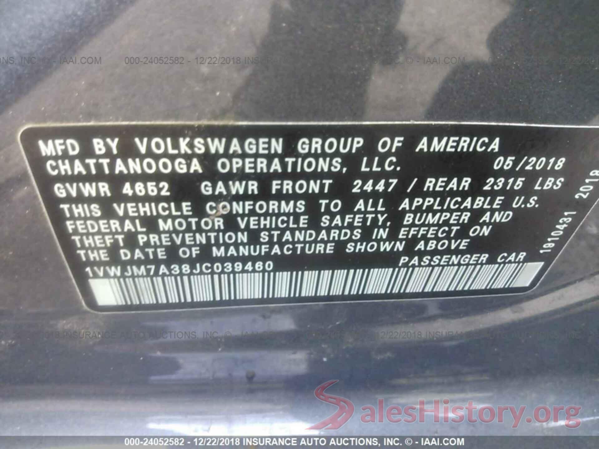 1VWJM7A38JC039460 2018 VOLKSWAGEN PASSAT