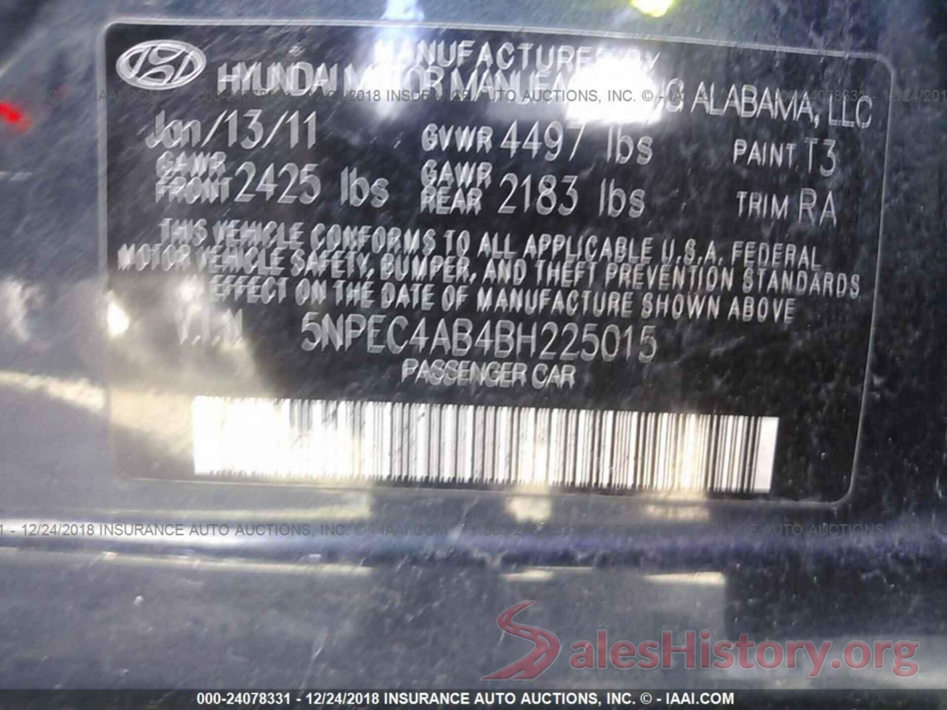 5NPEC4AB4BH225015 2011 HYUNDAI SONATA