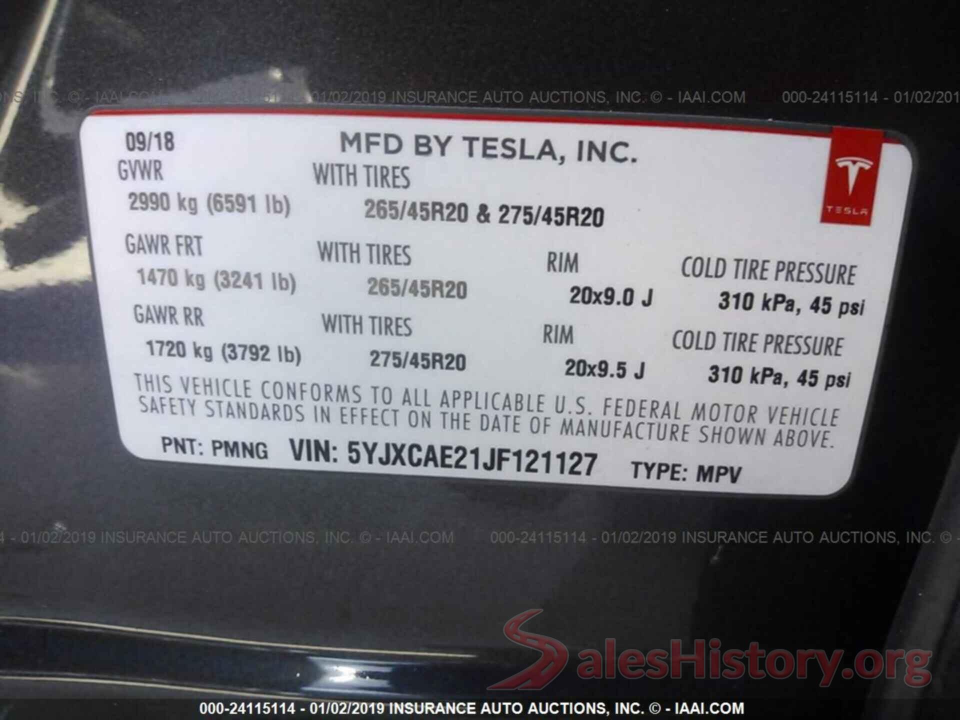 5YJXCAE21JF121127 2018 TESLA MODEL X