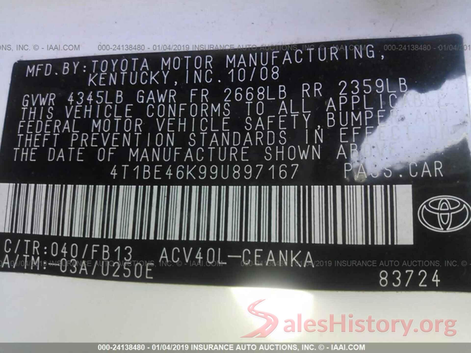 4T1BE46K99U897167 2009 TOYOTA CAMRY